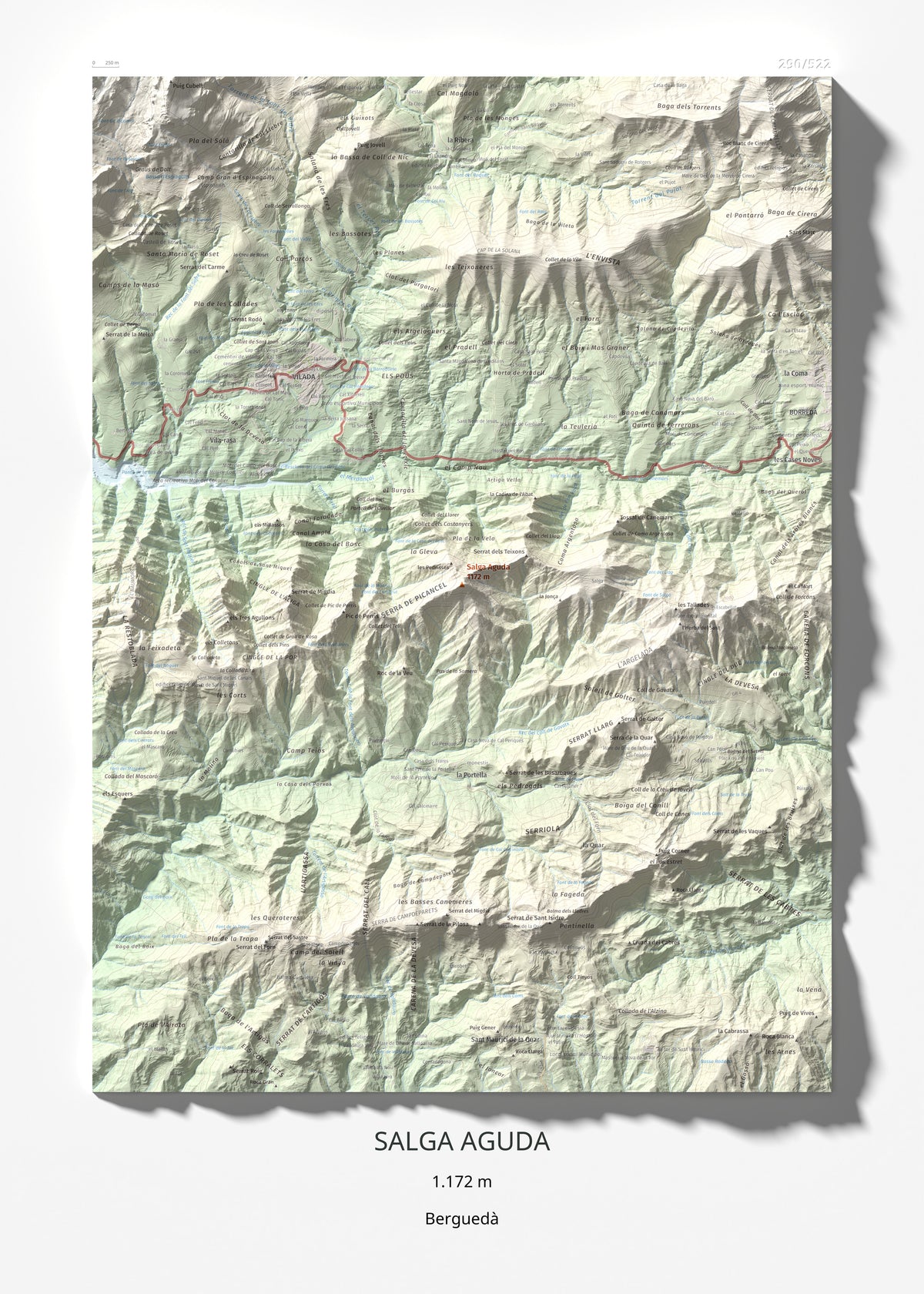 Mapa de relieve de Salga Aguda, 1172 m, Berguedà, lámina 100 Cims de Trobart 50 × 70 cm.