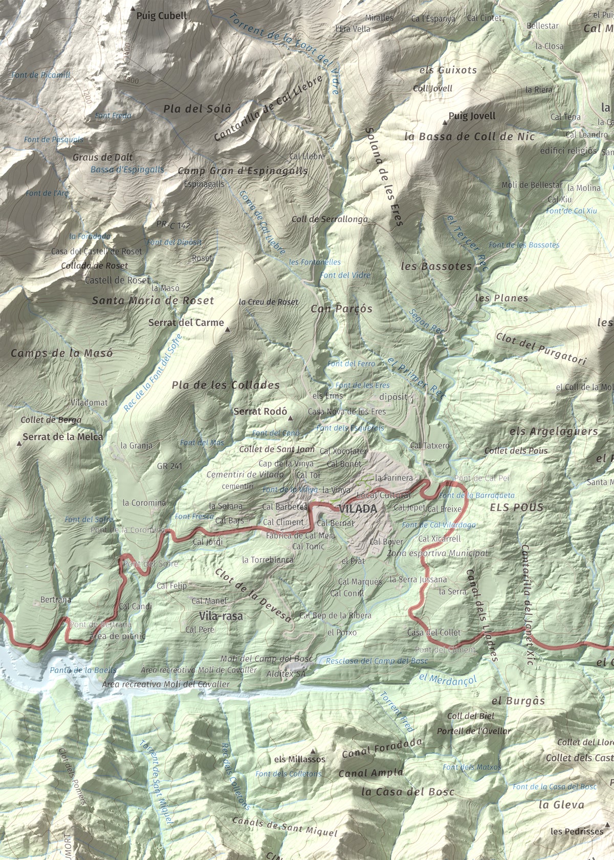 Mapa de relieve de Salga Aguda, 1172 m, Berguedà, lámina 100 Cims de Trobart. Detalle de la zona superior izquierda. 50 × 70 cm.