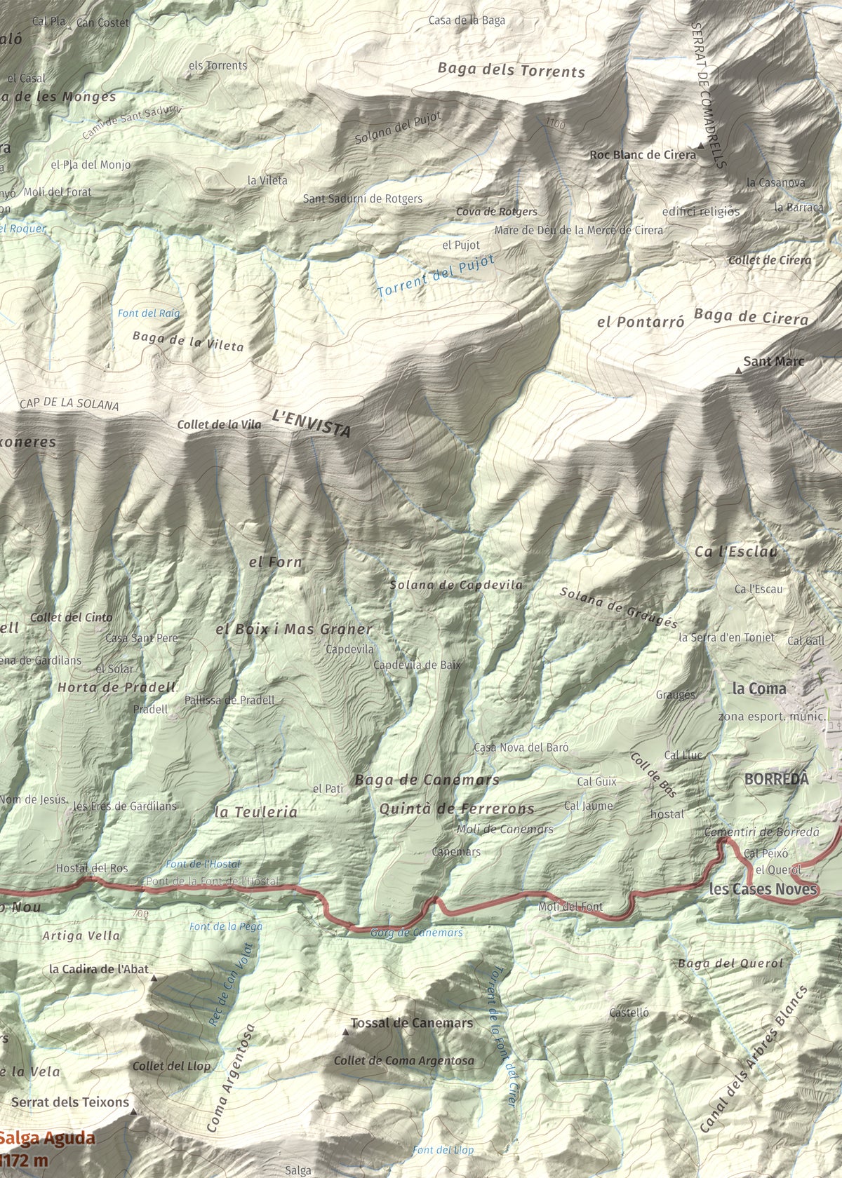 Mapa de relieve de Salga Aguda, 1172 m, Berguedà, lámina 100 Cims de Trobart. Detalle de la zona superior derecha. 50 × 70 cm.