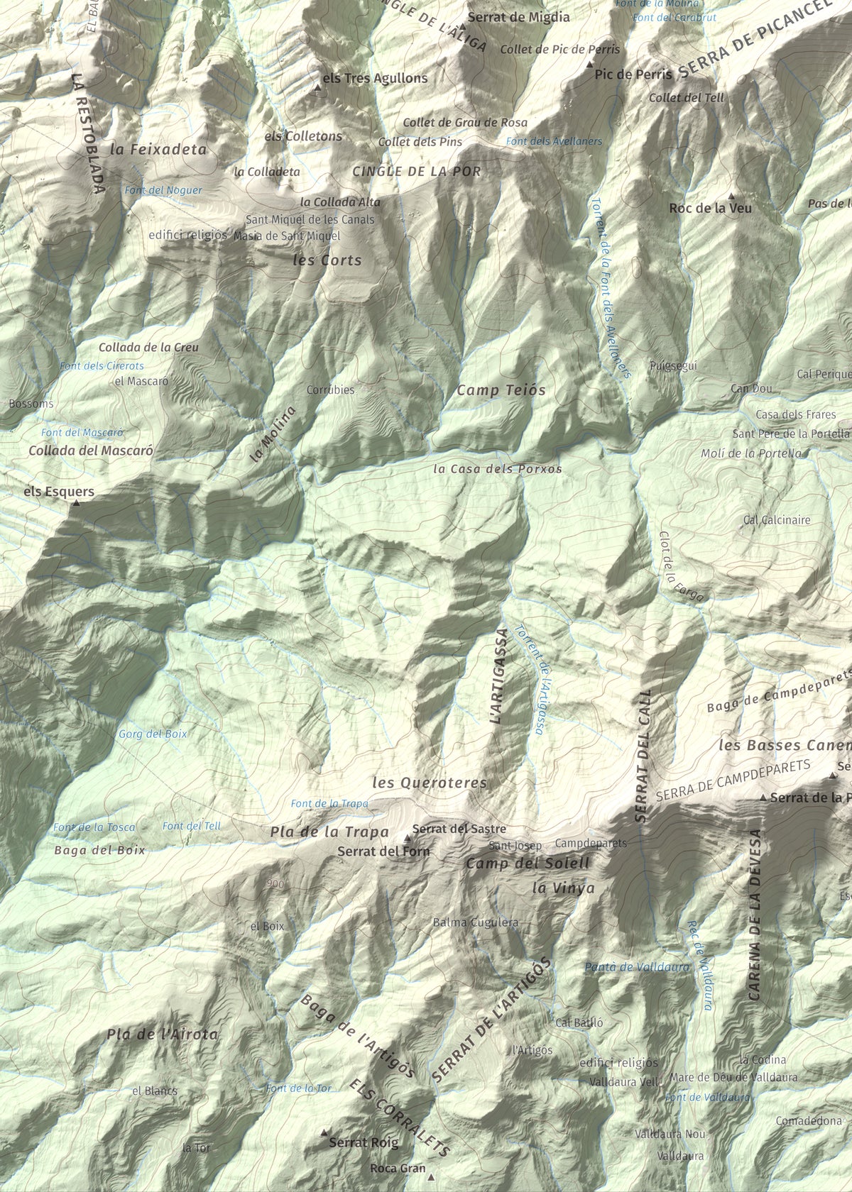 Mapa de relieve de Salga Aguda, 1172 m, Berguedà, lámina 100 Cims de Trobart. Detalle de la zona inferior izquierda. 50 × 70 cm.