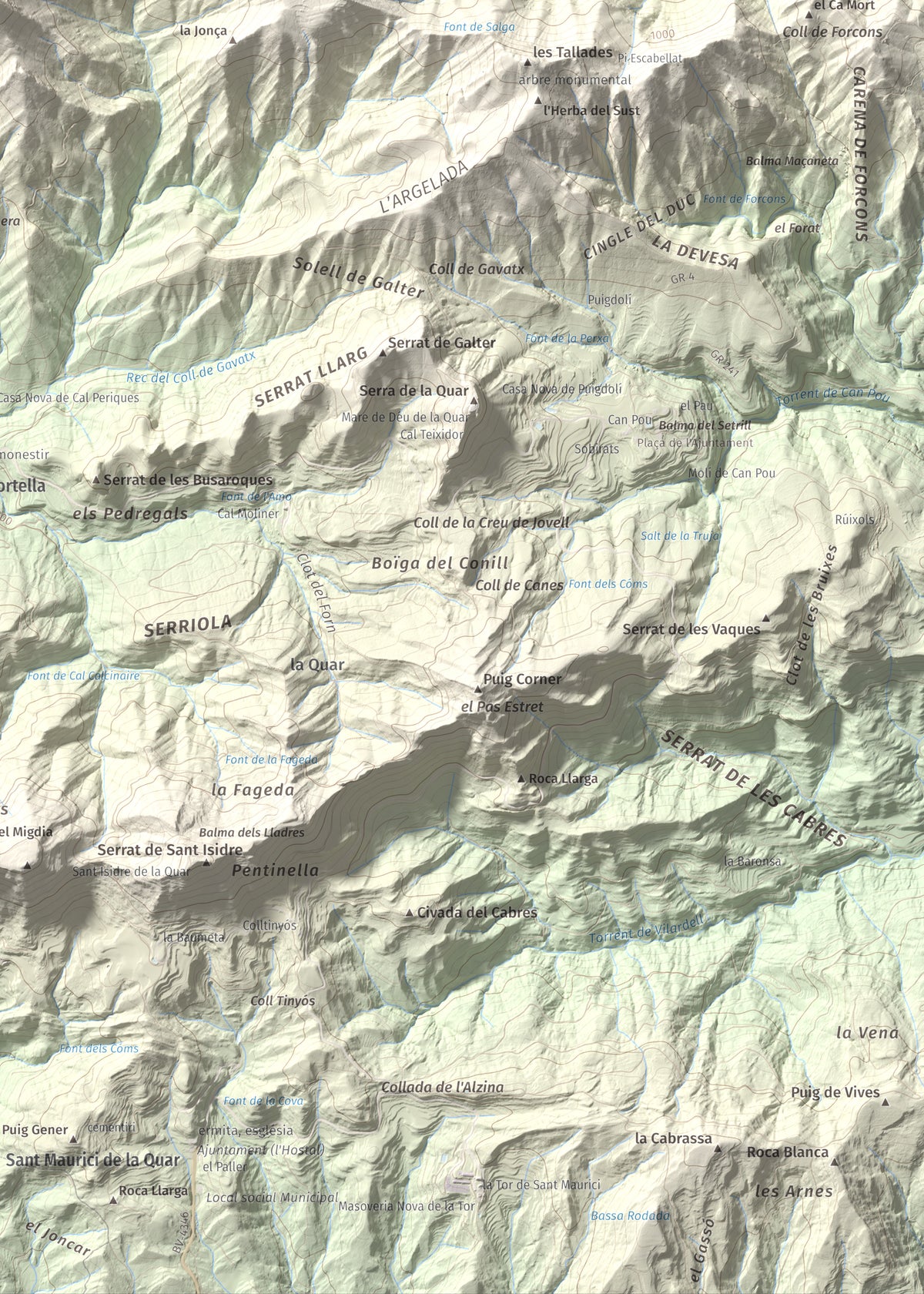 Mapa de relieve de Salga Aguda, 1172 m, Berguedà, lámina 100 Cims de Trobart. Detalle de la zona inferior derecha. 50 × 70 cm.