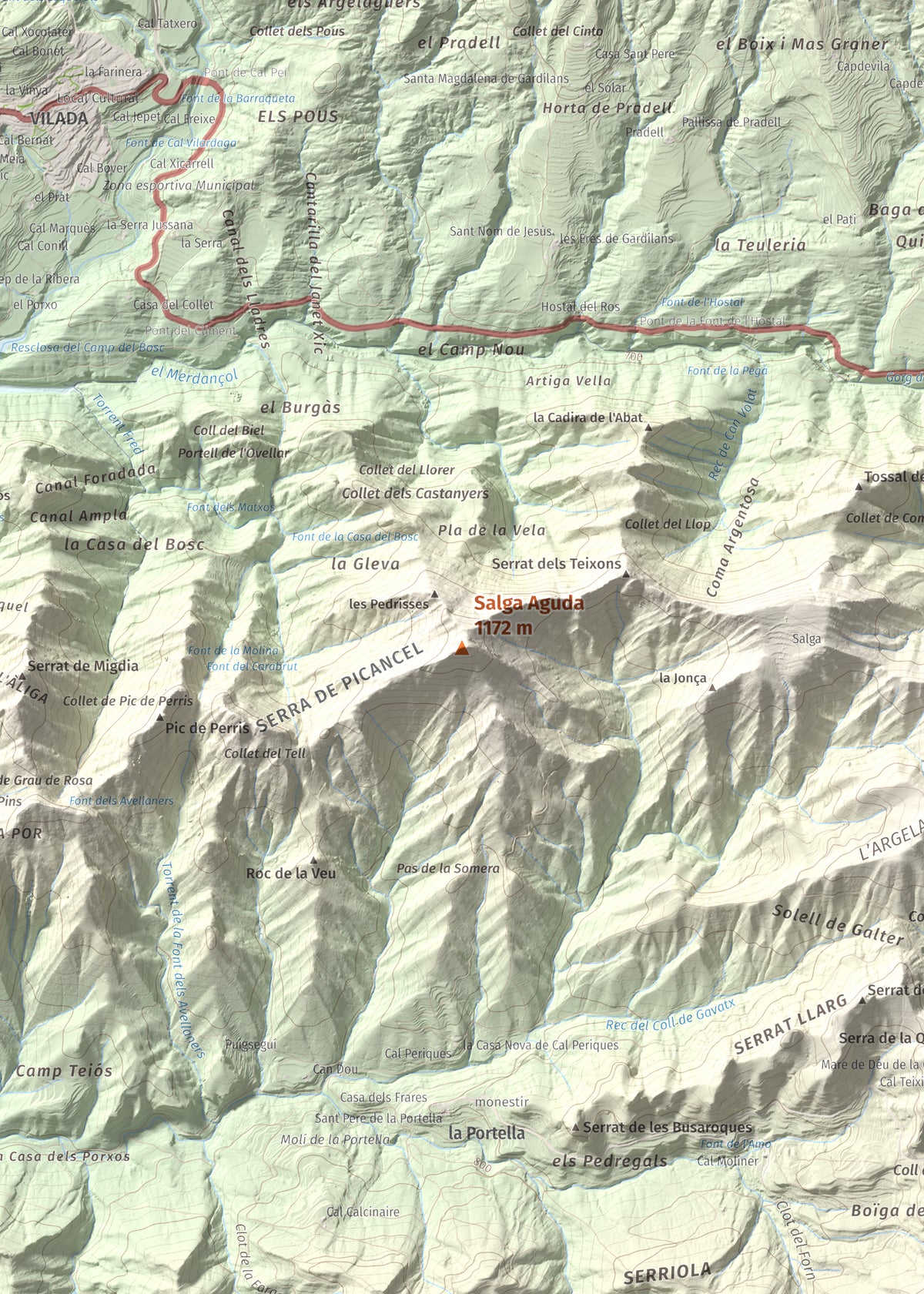 Mapa de relieve de Salga Aguda, 1172 m, Berguedà, lámina 100 Cims de Trobart. Detalle de la zona central. 50 × 70 cm.