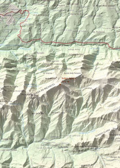 Mapa de relieve de Salga Aguda, 1172 m, Berguedà, lámina 100 Cims de Trobart. Detalle de la zona central. 50 × 70 cm.