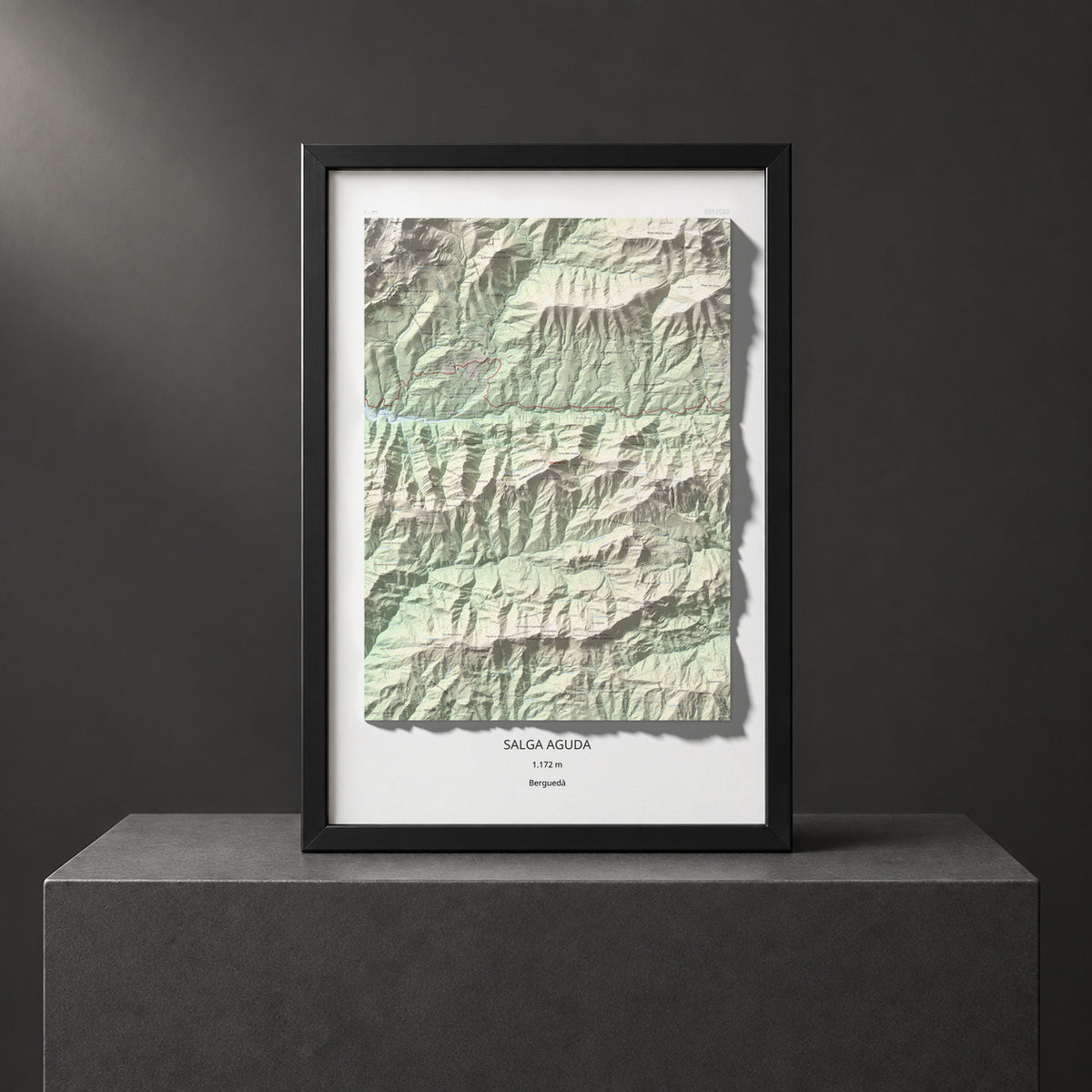 Mapa de relieve de Salga Aguda, 1172 m, Berguedà, lámina 100 Cims de Trobart. Presentación enmarcada. 61 × 91 cm.