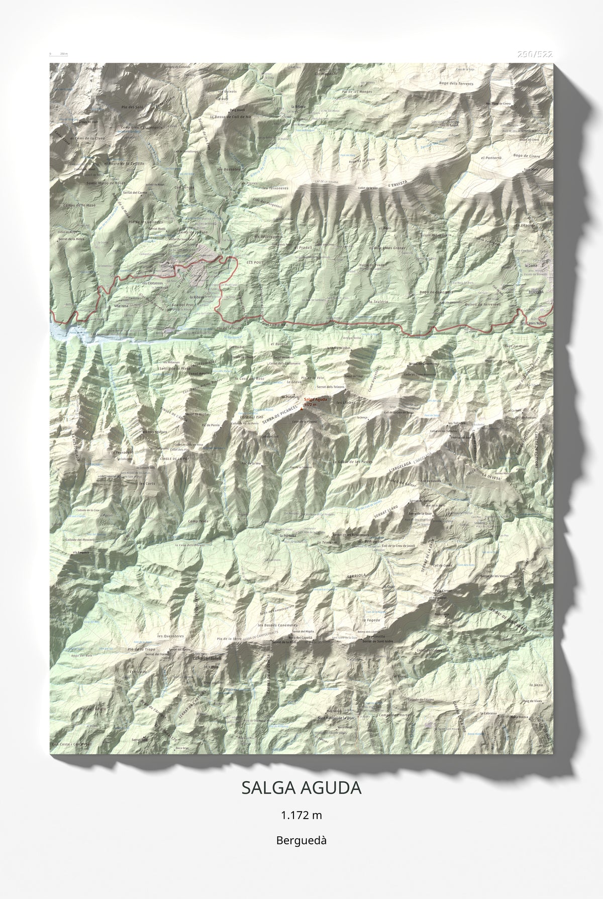 Mapa de relieve de Salga Aguda, 1172 m, Berguedà, lámina 100 Cims de Trobart 61 × 91 cm.