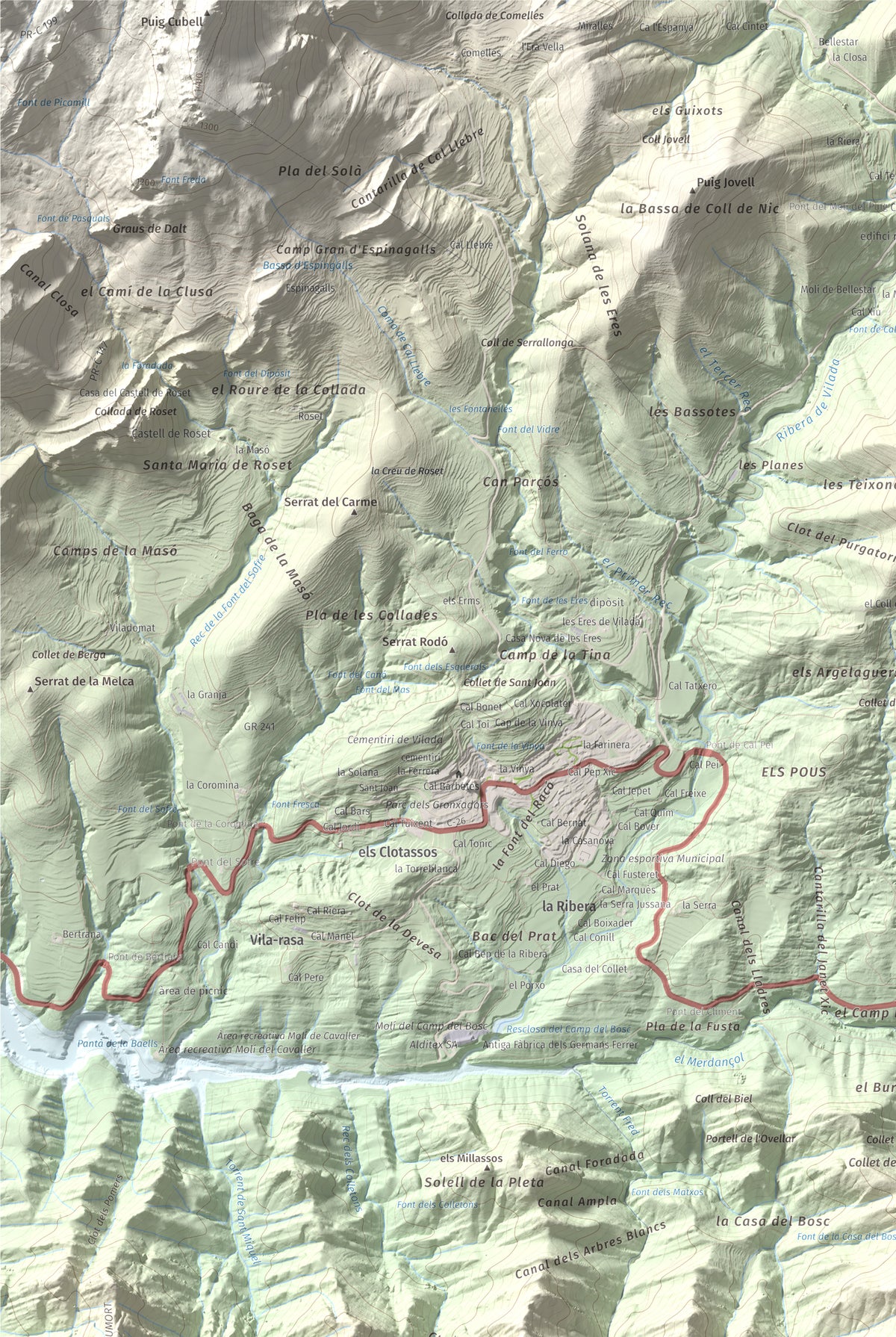Mapa de relieve de Salga Aguda, 1172 m, Berguedà, lámina 100 Cims de Trobart. Detalle de la zona superior izquierda. 61 × 91 cm.
