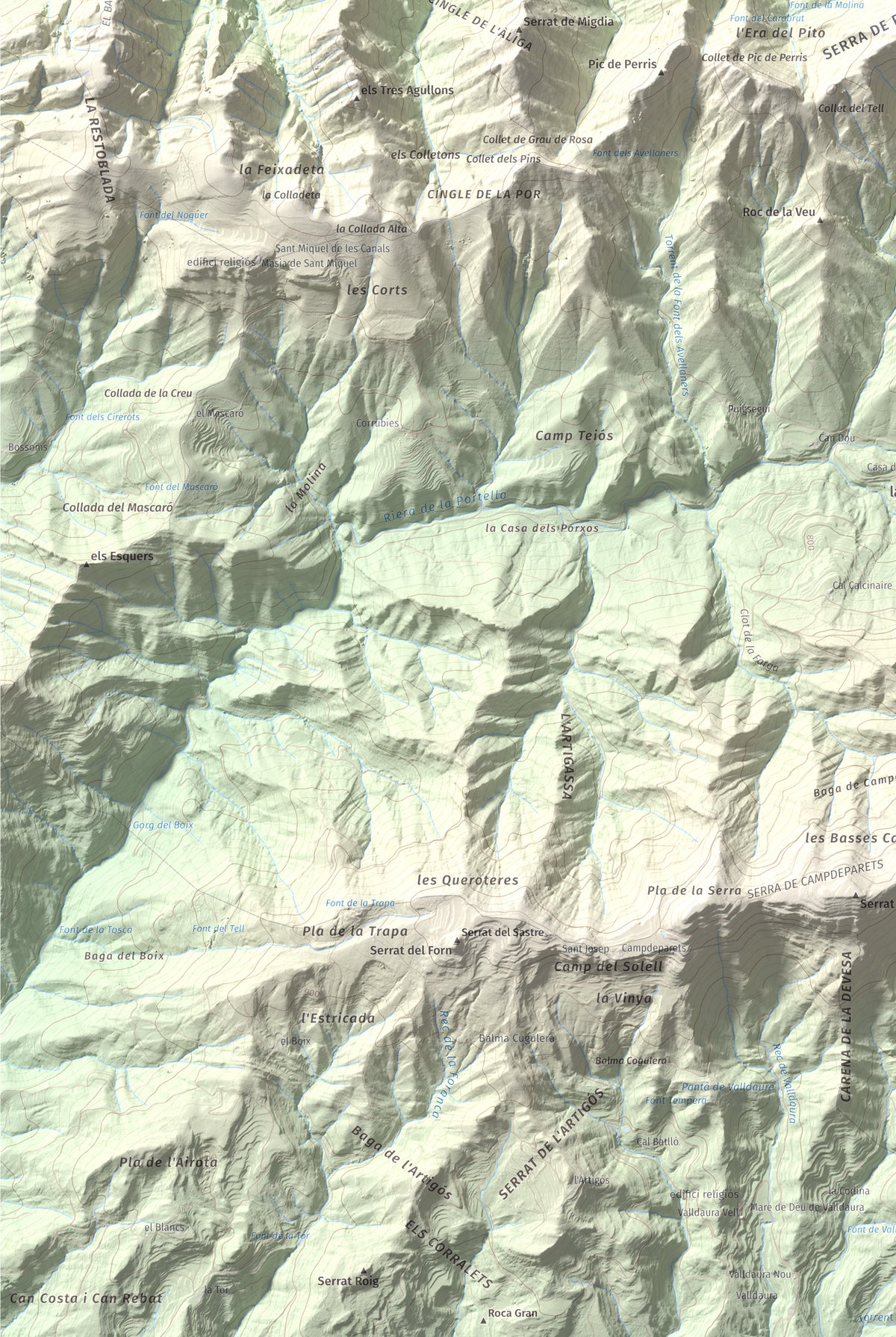 Mapa de relieve de Salga Aguda, 1172 m, Berguedà, lámina 100 Cims de Trobart. Detalle de la zona inferior izquierda. 61 × 91 cm.