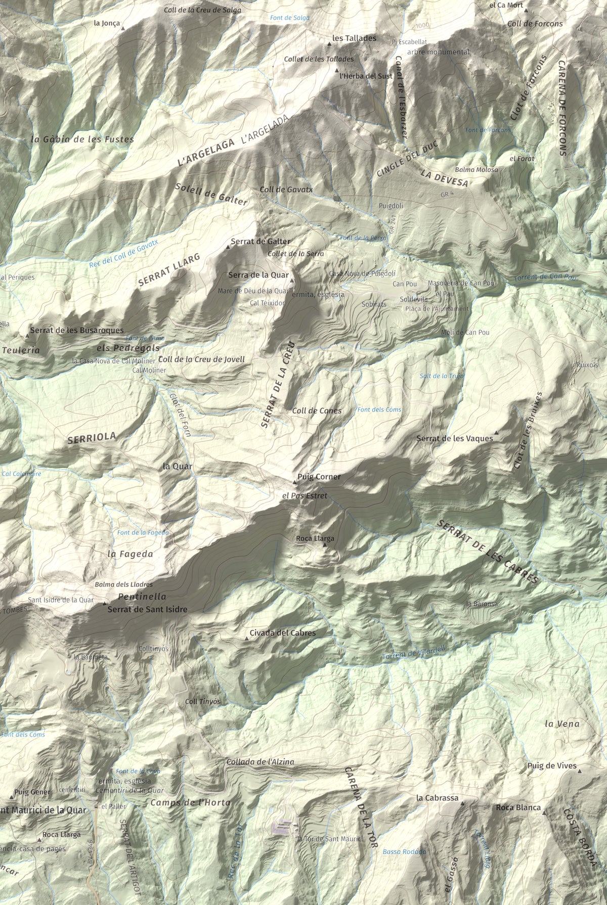 Mapa de relieve de Salga Aguda, 1172 m, Berguedà, lámina 100 Cims de Trobart. Detalle de la zona inferior derecha. 61 × 91 cm.