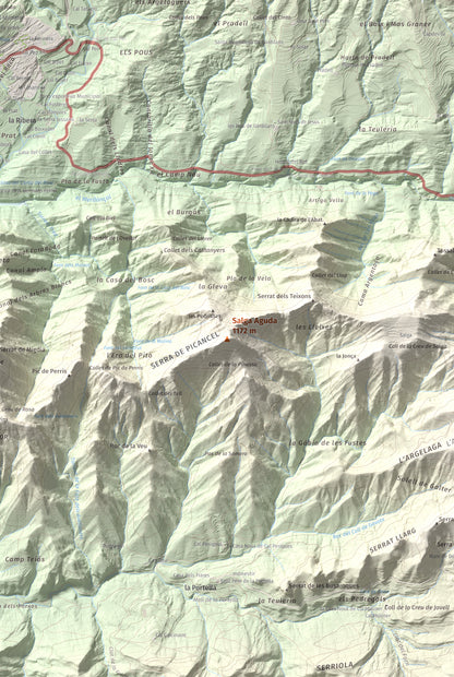 Mapa de relieve de Salga Aguda, 1172 m, Berguedà, lámina 100 Cims de Trobart. Detalle de la zona central. 61 × 91 cm.