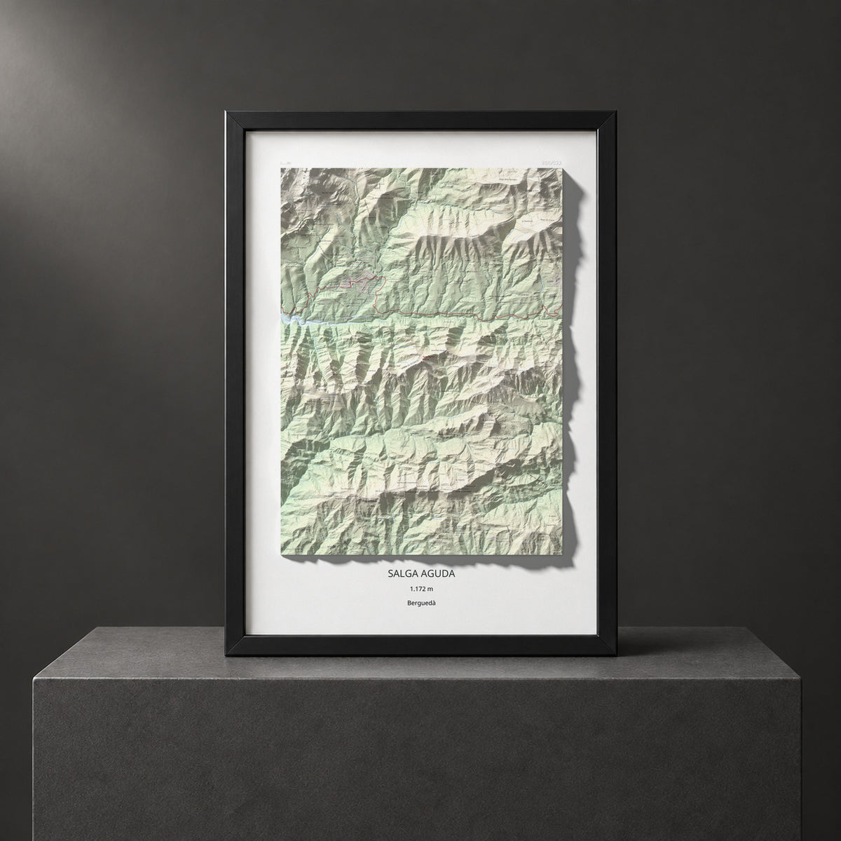 Mapa de relieve de Salga Aguda, 1172 m, Berguedà, lámina 100 Cims de Trobart. Presentación enmarcada. 70 × 100 cm.