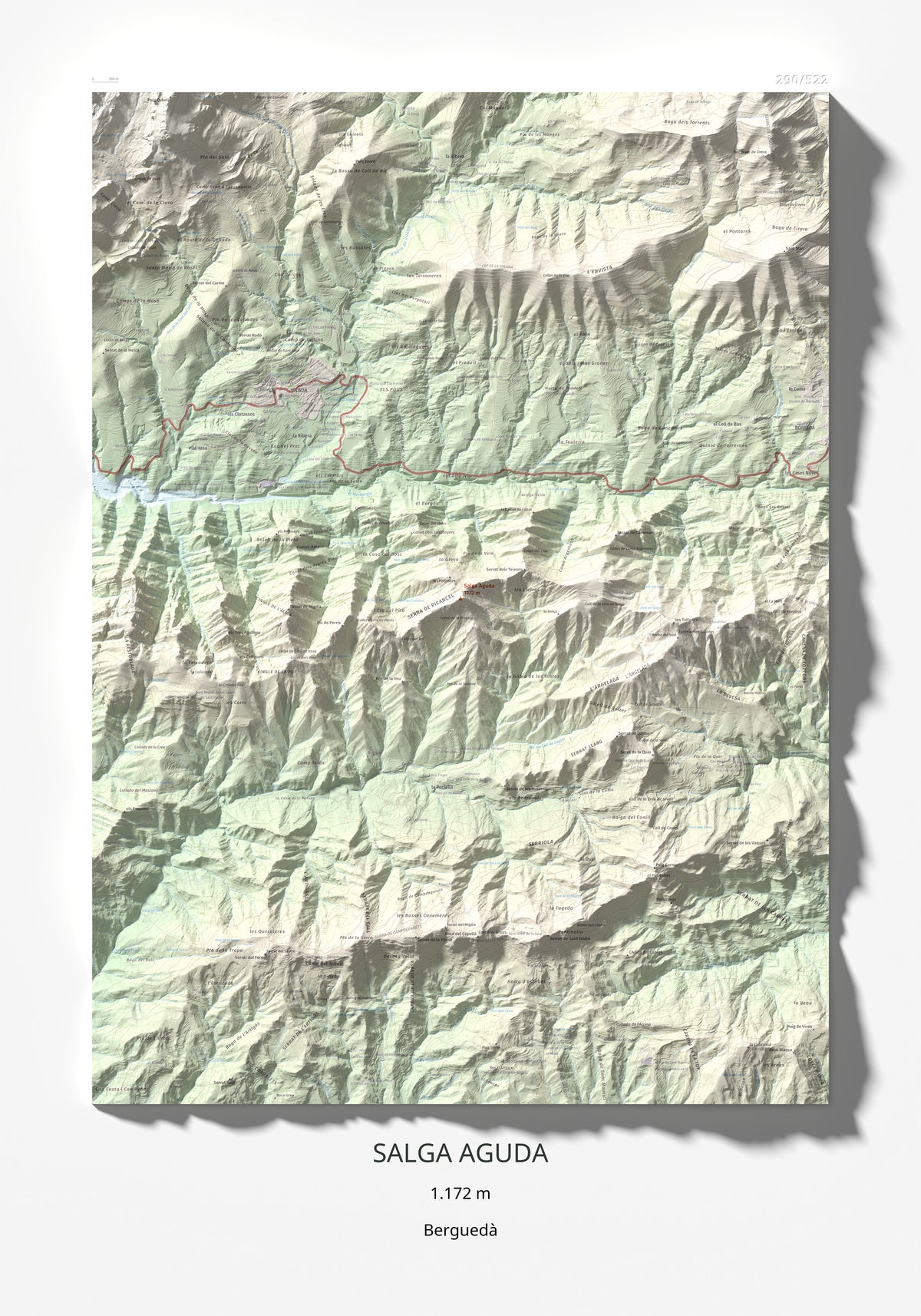 Mapa de relieve de Salga Aguda, 1172 m, Berguedà, lámina 100 Cims de Trobart 70 × 100 cm.