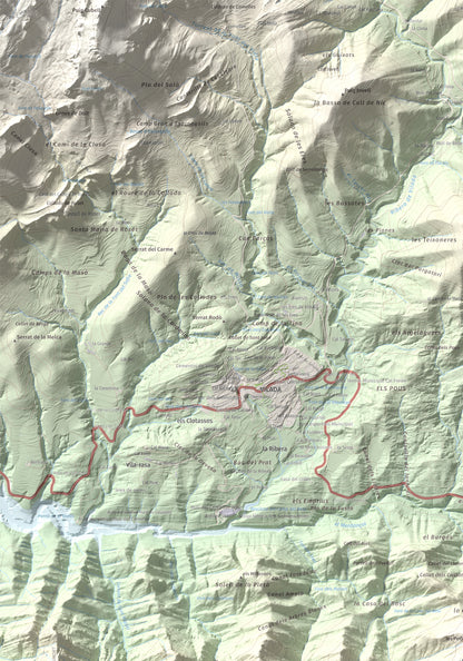Mapa de relieve de Salga Aguda, 1172 m, Berguedà, lámina 100 Cims de Trobart. Detalle de la zona superior izquierda. 70 × 100 cm.