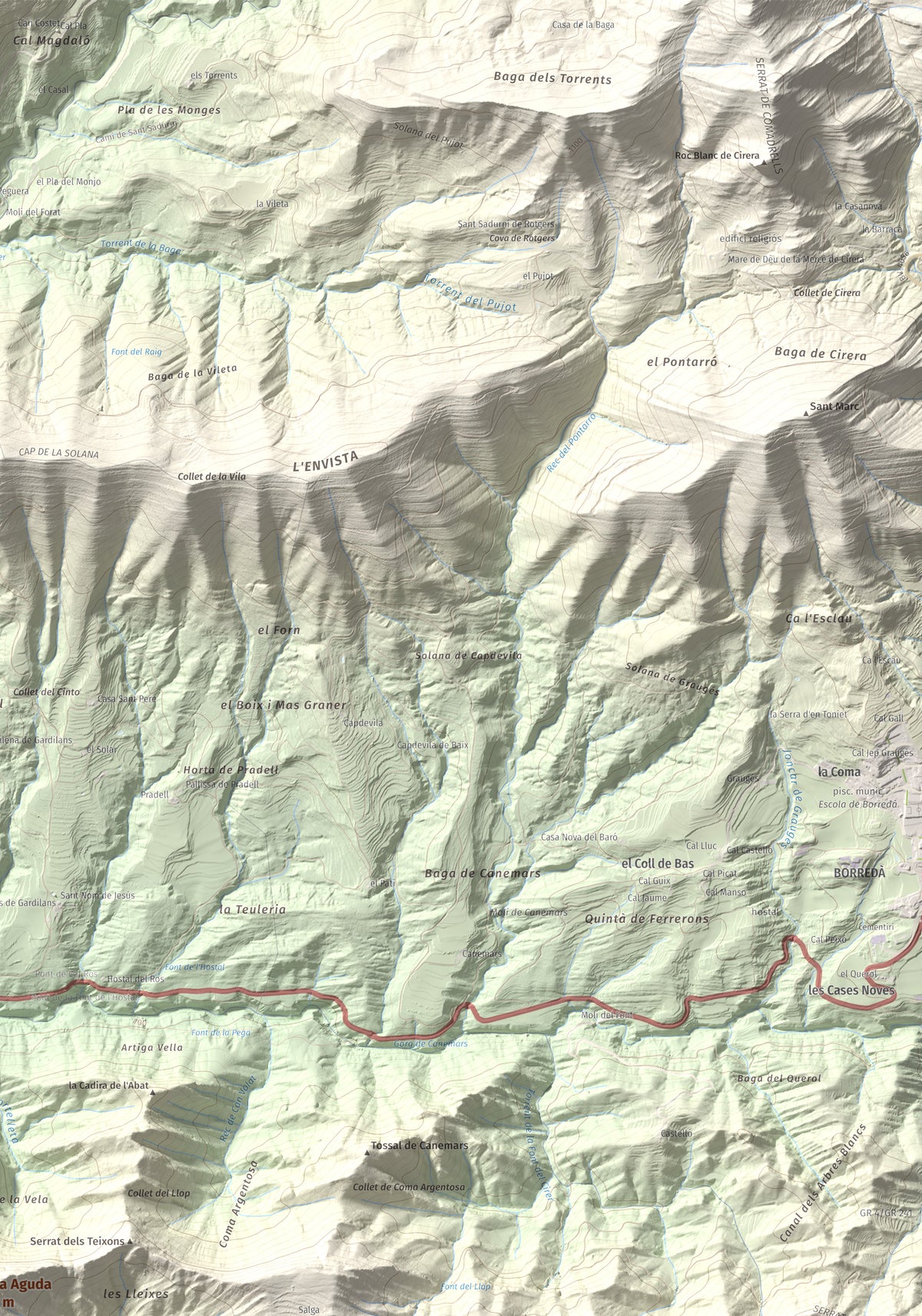 Mapa de relieve de Salga Aguda, 1172 m, Berguedà, lámina 100 Cims de Trobart. Detalle de la zona superior derecha. 70 × 100 cm.