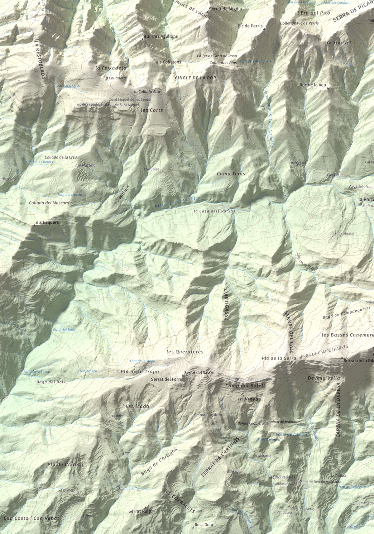 Mapa de relieve de Salga Aguda, 1172 m, Berguedà, lámina 100 Cims de Trobart. Detalle de la zona inferior izquierda. 70 × 100 cm.