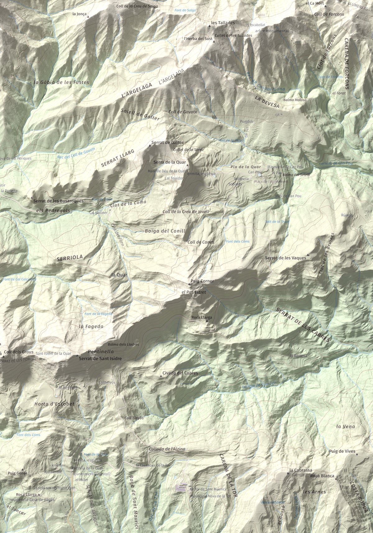 Mapa de relieve de Salga Aguda, 1172 m, Berguedà, lámina 100 Cims de Trobart. Detalle de la zona inferior derecha. 70 × 100 cm.