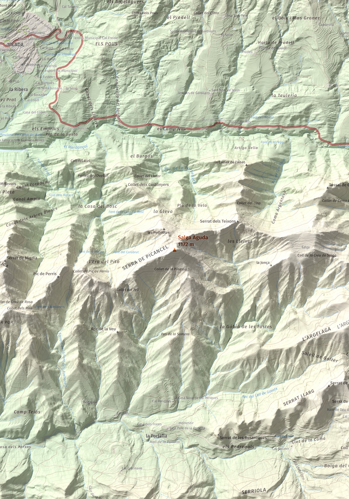 Mapa de relieve de Salga Aguda, 1172 m, Berguedà, lámina 100 Cims de Trobart. Detalle de la zona central. 70 × 100 cm.