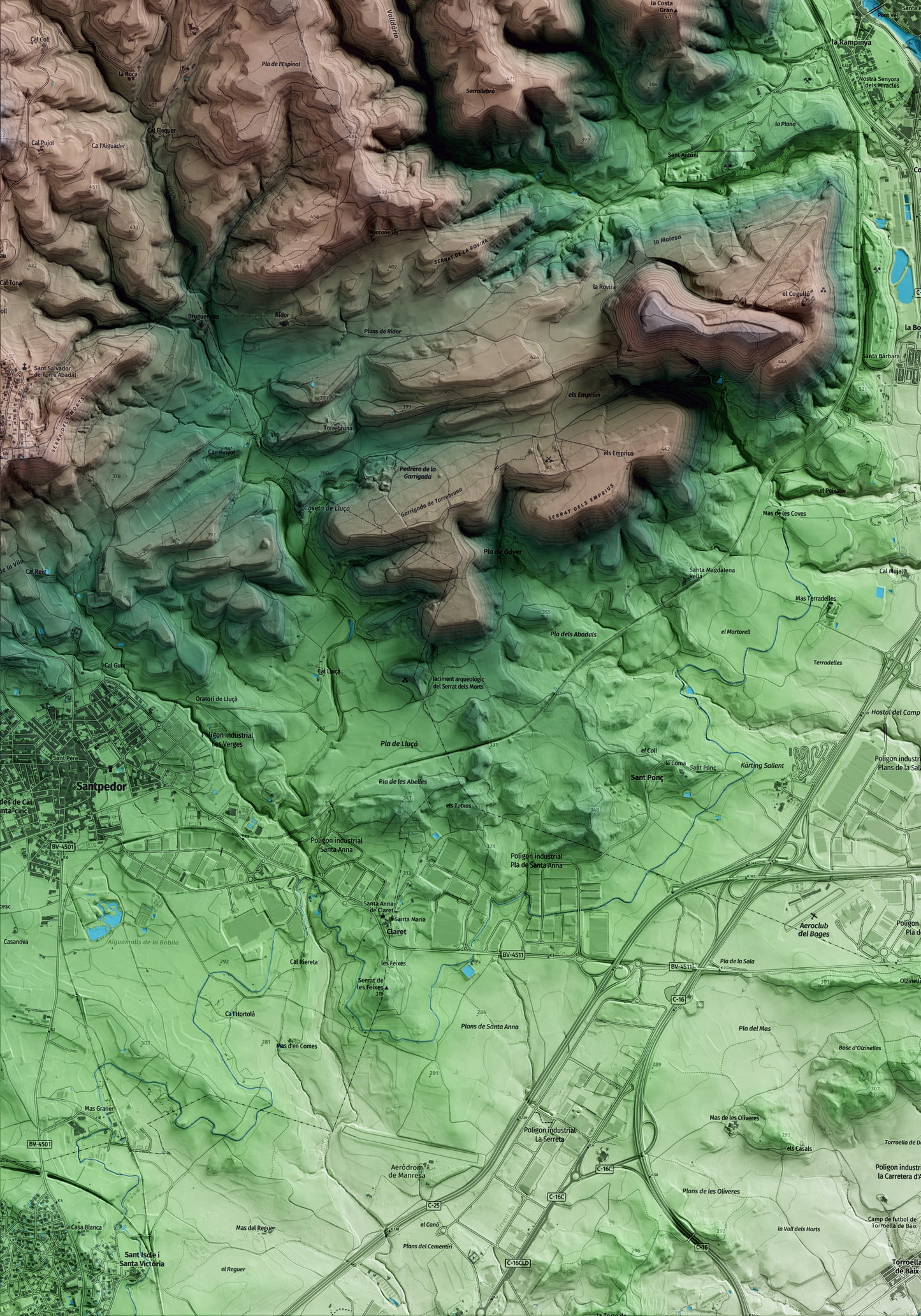 Mapa artístico del relieve de Sallent, al Bages, con 15 km de entorno y base topográfica ICGC. Detalle de la zona inferior izquierda.
