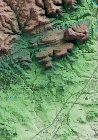 Mapa artístico del relieve de Sallent, al Bages, con 15 km de entorno y base topográfica ICGC. Detalle de la zona inferior izquierda.