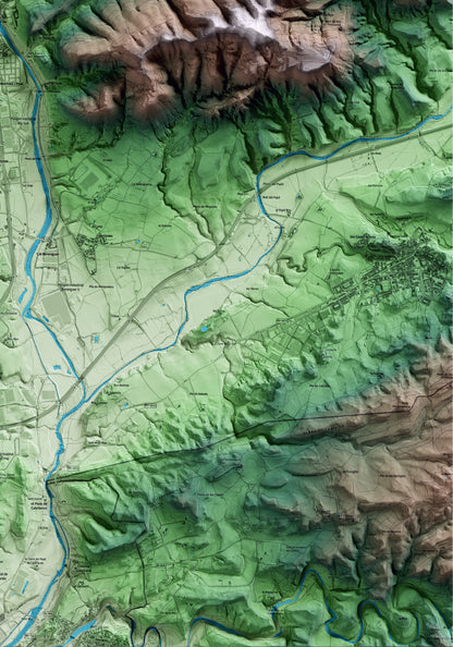 Mapa artístico del relieve de Sallent, al Bages, con 15 km de entorno y base topográfica ICGC. Detalle de la zona inferior derecha.
