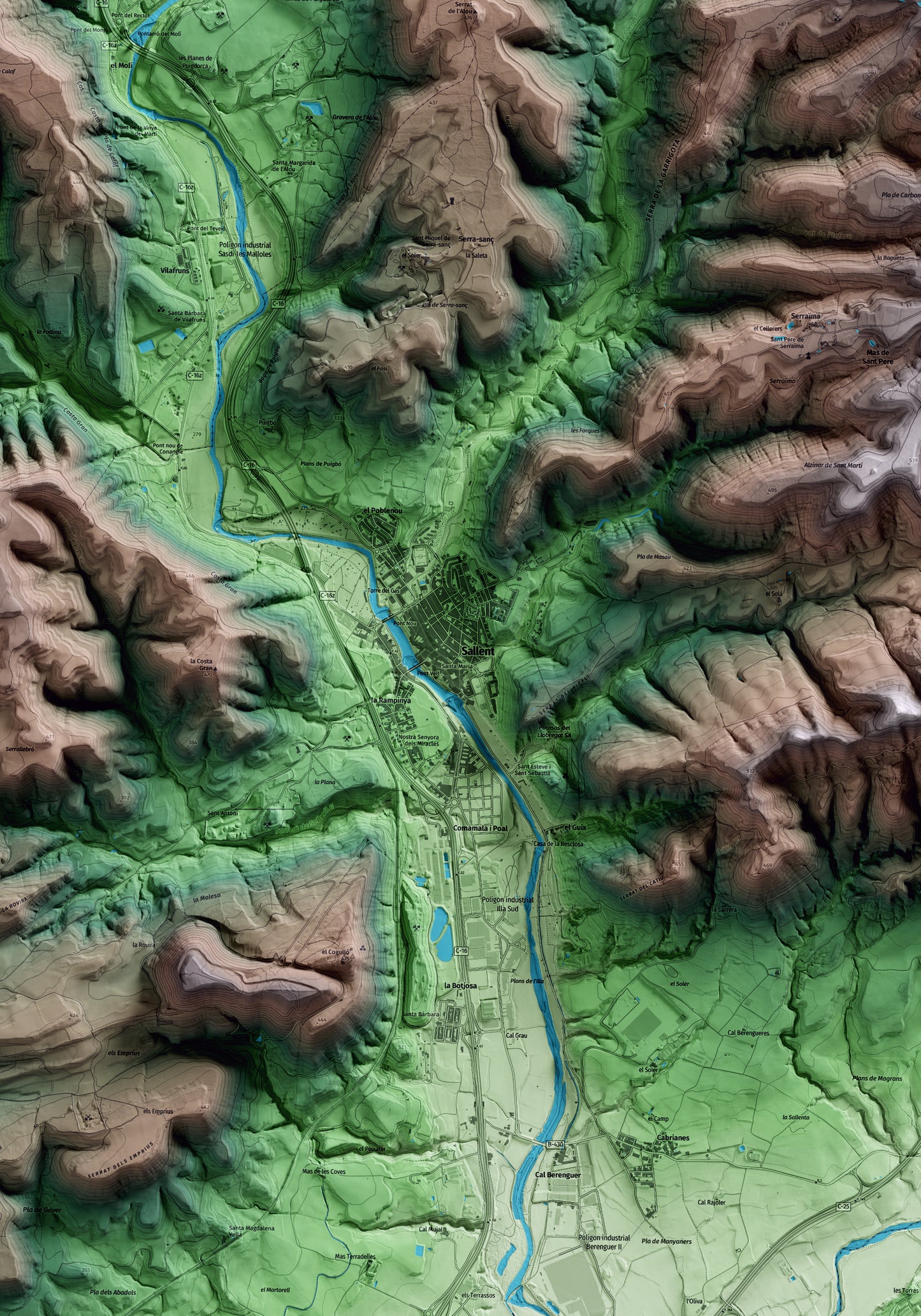 Mapa artístico del relieve de Sallent, al Bages, con 15 km de entorno y base topográfica ICGC. Detalle de la zona central.