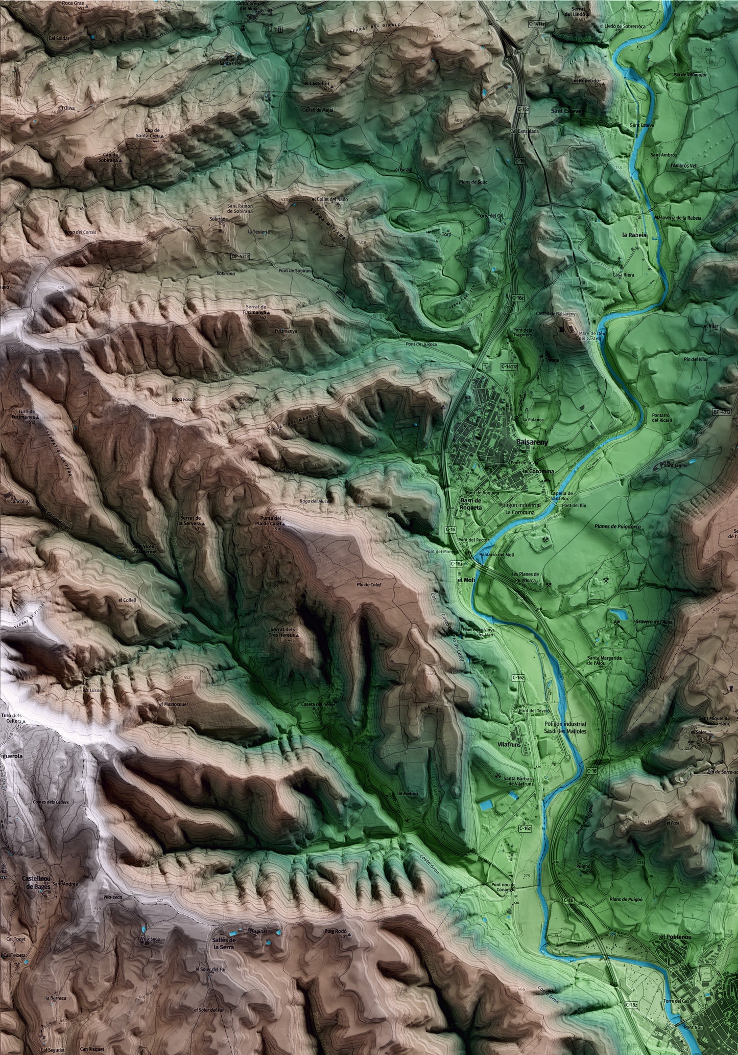 Mapa artístico del relieve de Sallent, al Bages, con 15 km de entorno y base topográfica ICGC. Detalle de la zona superior izquierda.