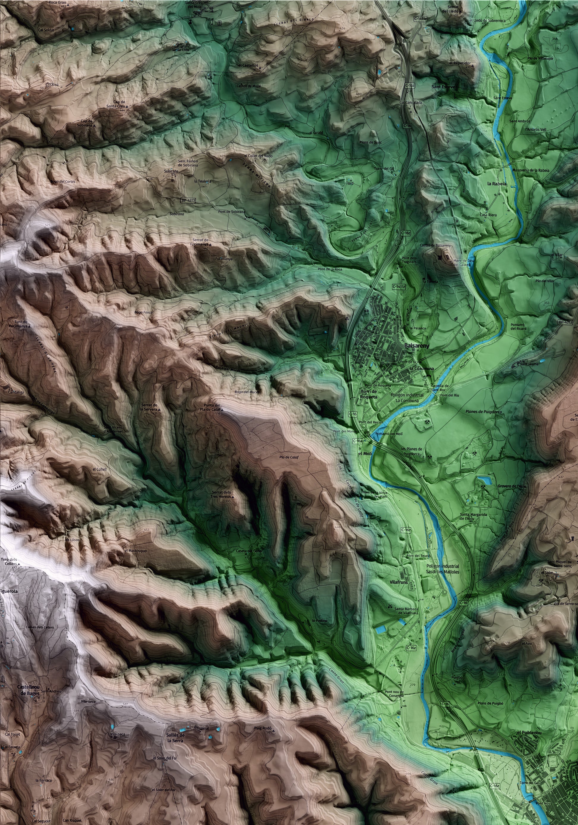 Mapa artístico del relieve de Sallent, al Bages, con 15 km de entorno y base topográfica ICGC. Detalle de la zona superior izquierda.