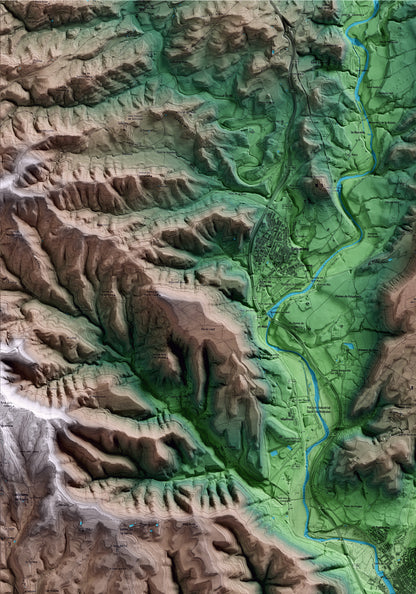 Mapa artístico del relieve de Sallent, al Bages, con 15 km de entorno y base topográfica ICGC. Detalle de la zona superior izquierda.