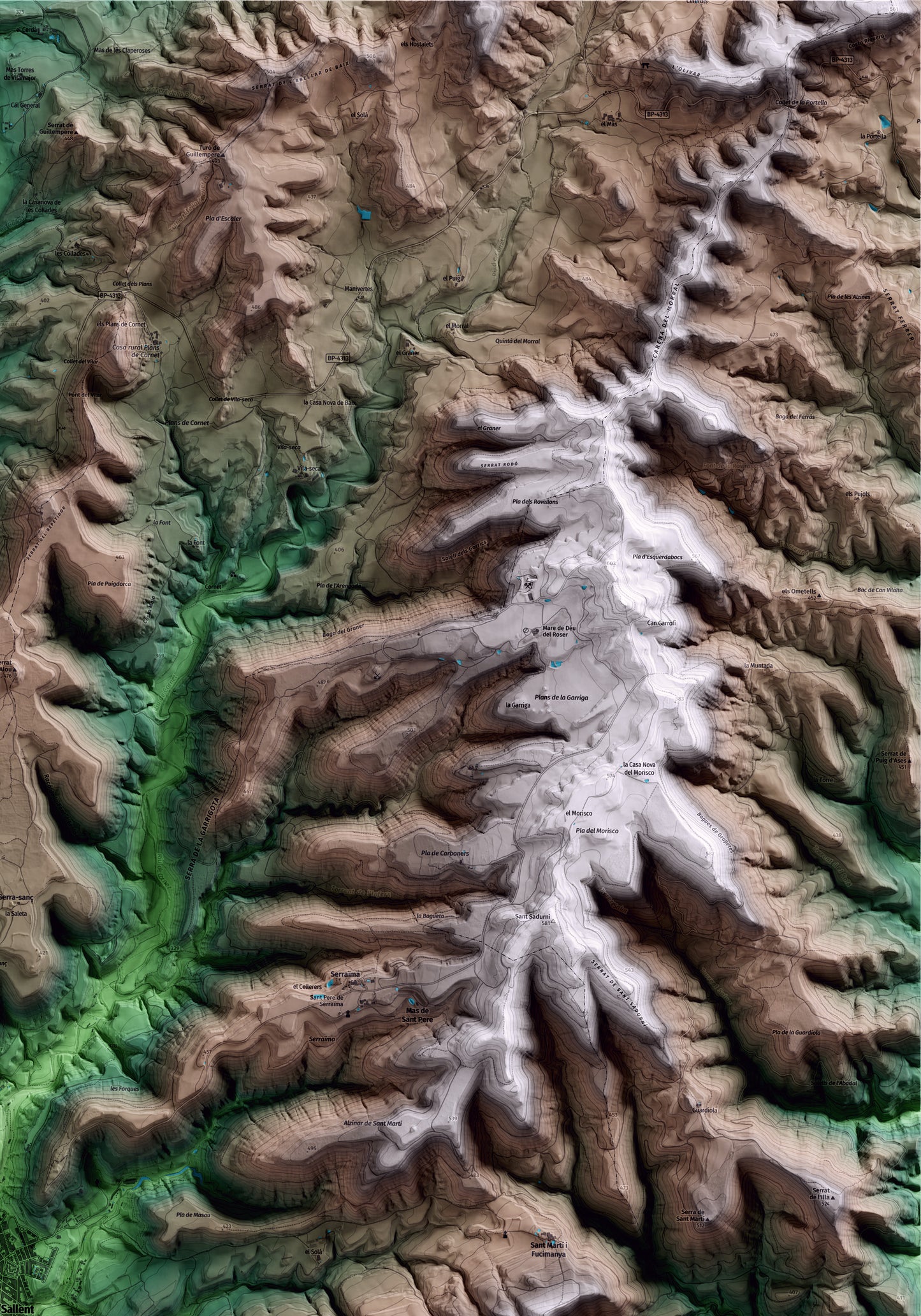 Mapa artístico del relieve de Sallent, al Bages, con 15 km de entorno y base topográfica ICGC. Detalle de la zona superior derecha.
