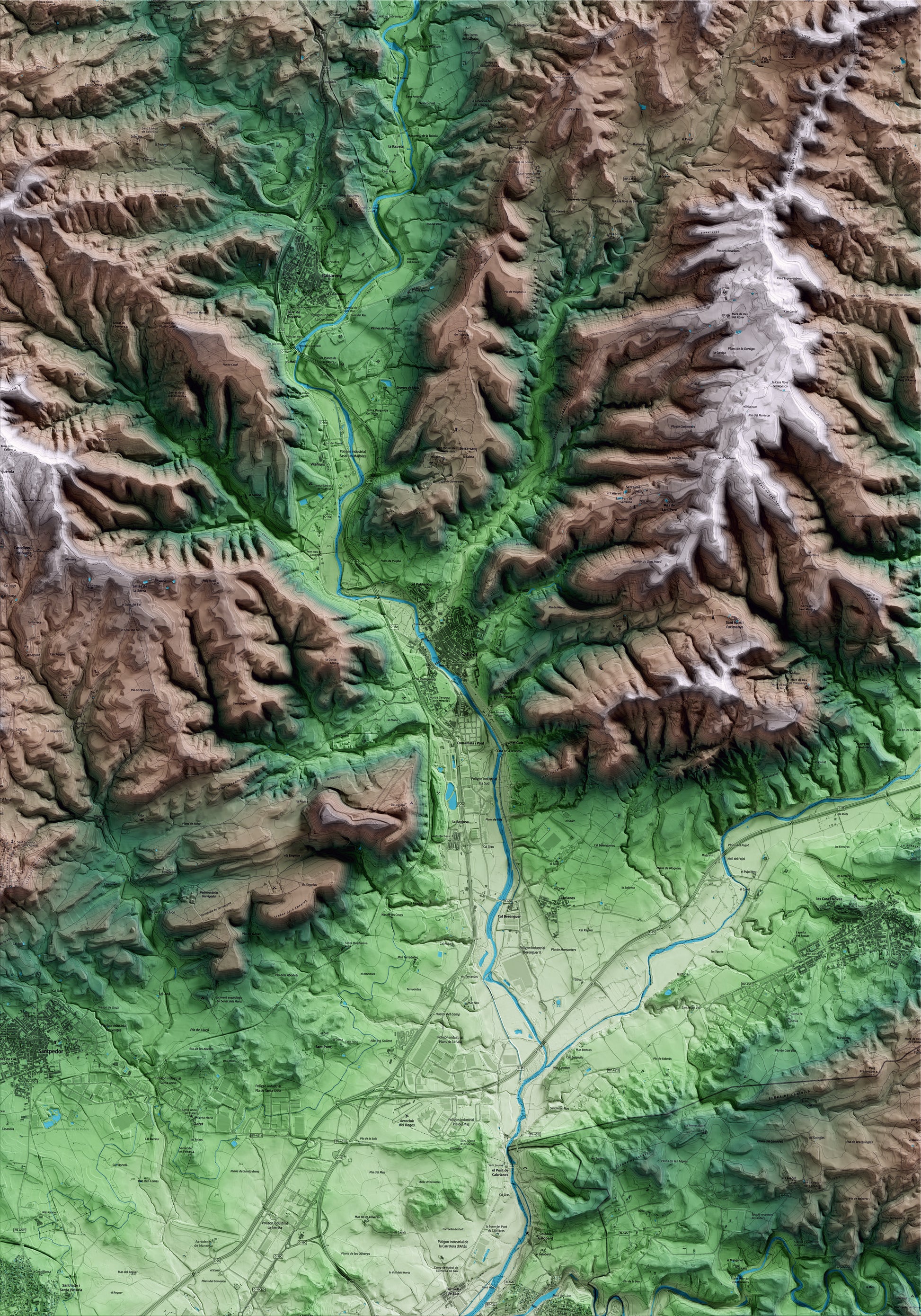 Mapa artístico del relieve de Sallent, al Bages, con 15 km de entorno y base topográfica ICGC