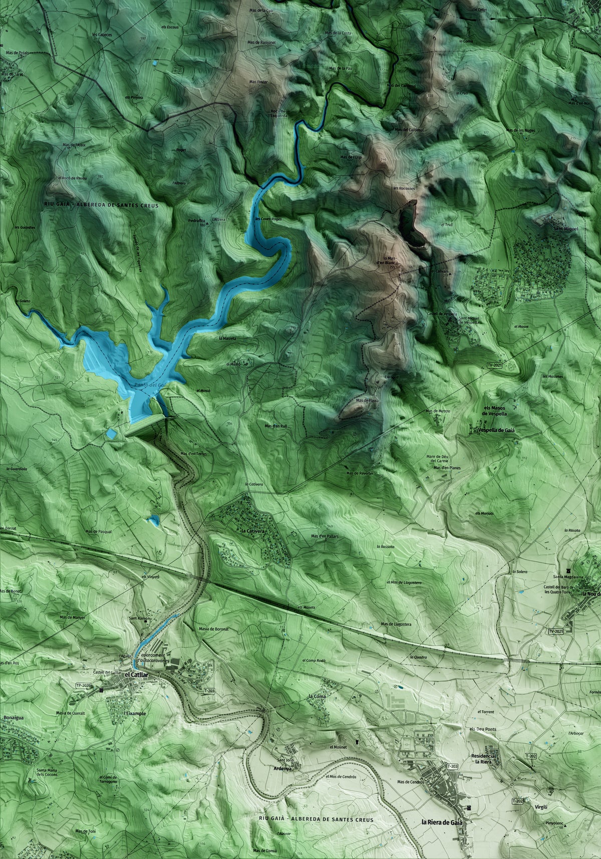 Mapa artístico del relieve de Salomó, al Tarragonès, con 15 km de entorno y base topográfica ICGC. Detalle de la zona inferior izquierda.