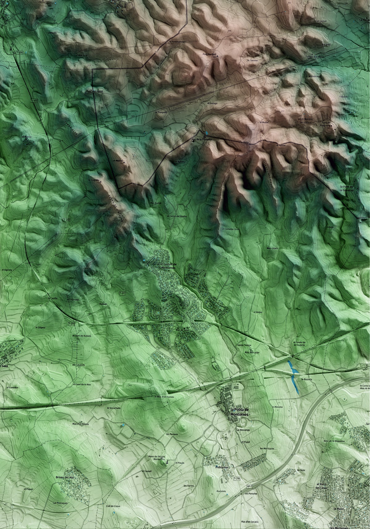 Mapa artístico del relieve de Salomó, al Tarragonès, con 15 km de entorno y base topográfica ICGC. Detalle de la zona inferior derecha.