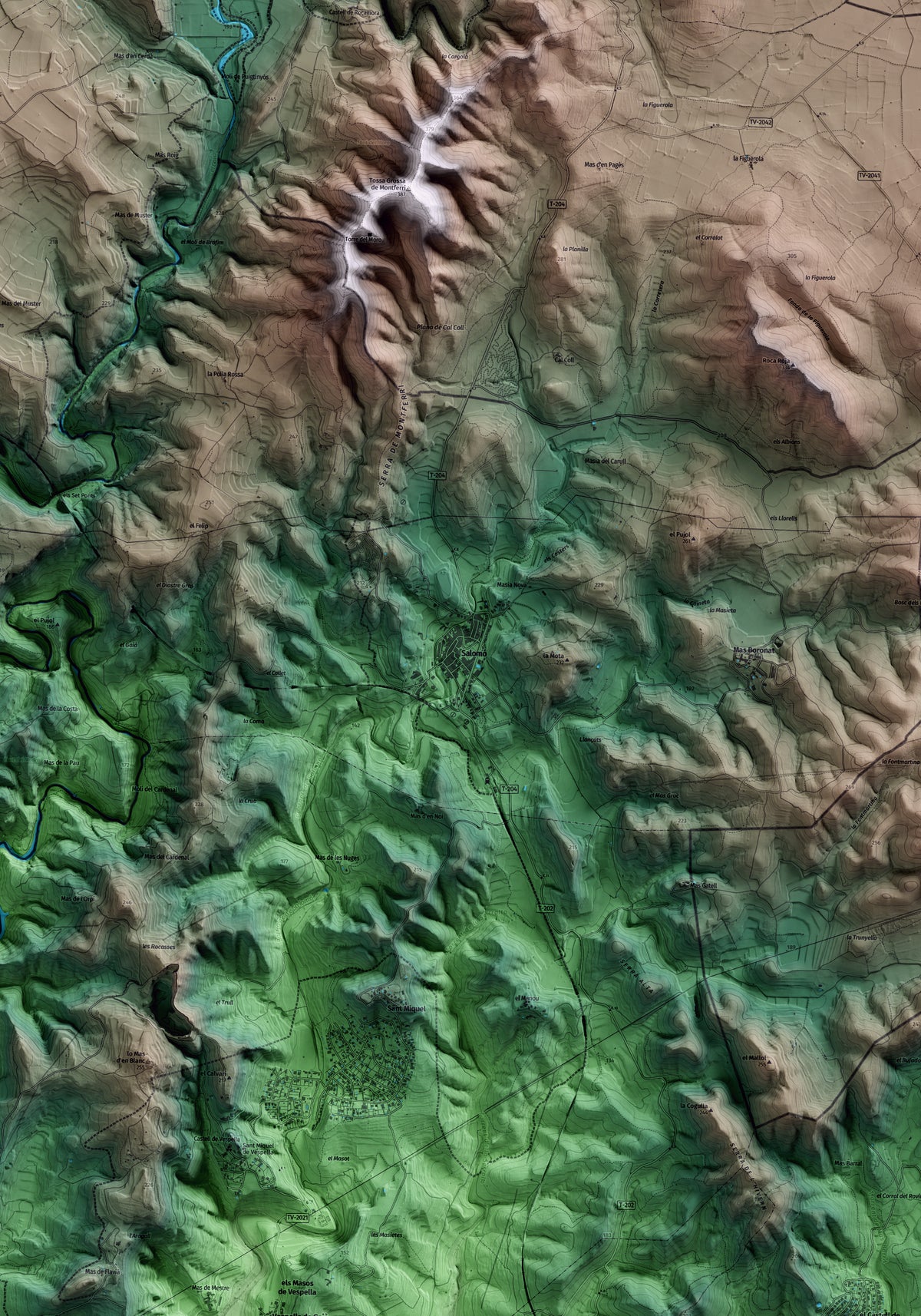 Mapa artístico del relieve de Salomó, al Tarragonès, con 15 km de entorno y base topográfica ICGC. Detalle de la zona central.