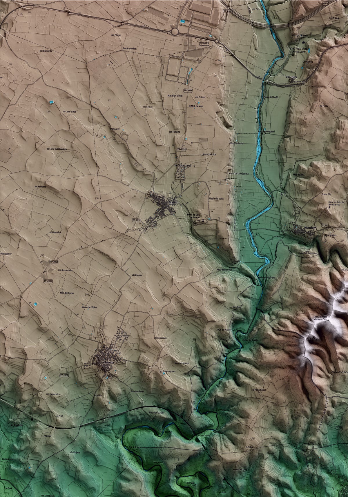 Mapa artístico del relieve de Salomó, al Tarragonès, con 15 km de entorno y base topográfica ICGC. Detalle de la zona superior izquierda.