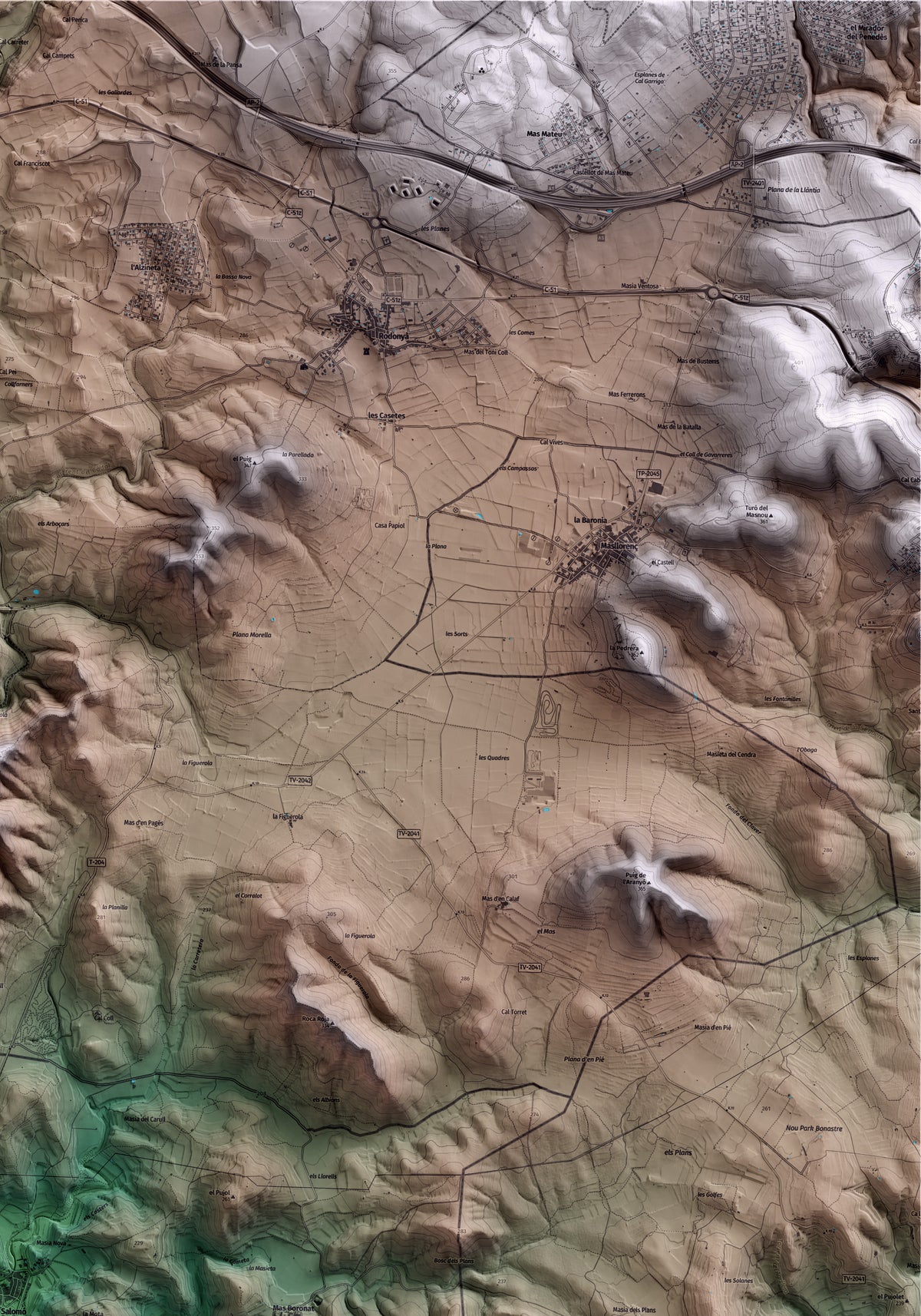 Mapa artístico del relieve de Salomó, al Tarragonès, con 15 km de entorno y base topográfica ICGC. Detalle de la zona superior derecha.