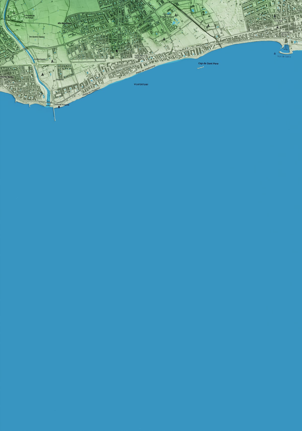Mapa artístico del relieve de Salou, al Tarragonès, con 15 km de entorno y base topográfica ICGC. Detalle de la zona inferior izquierda.
