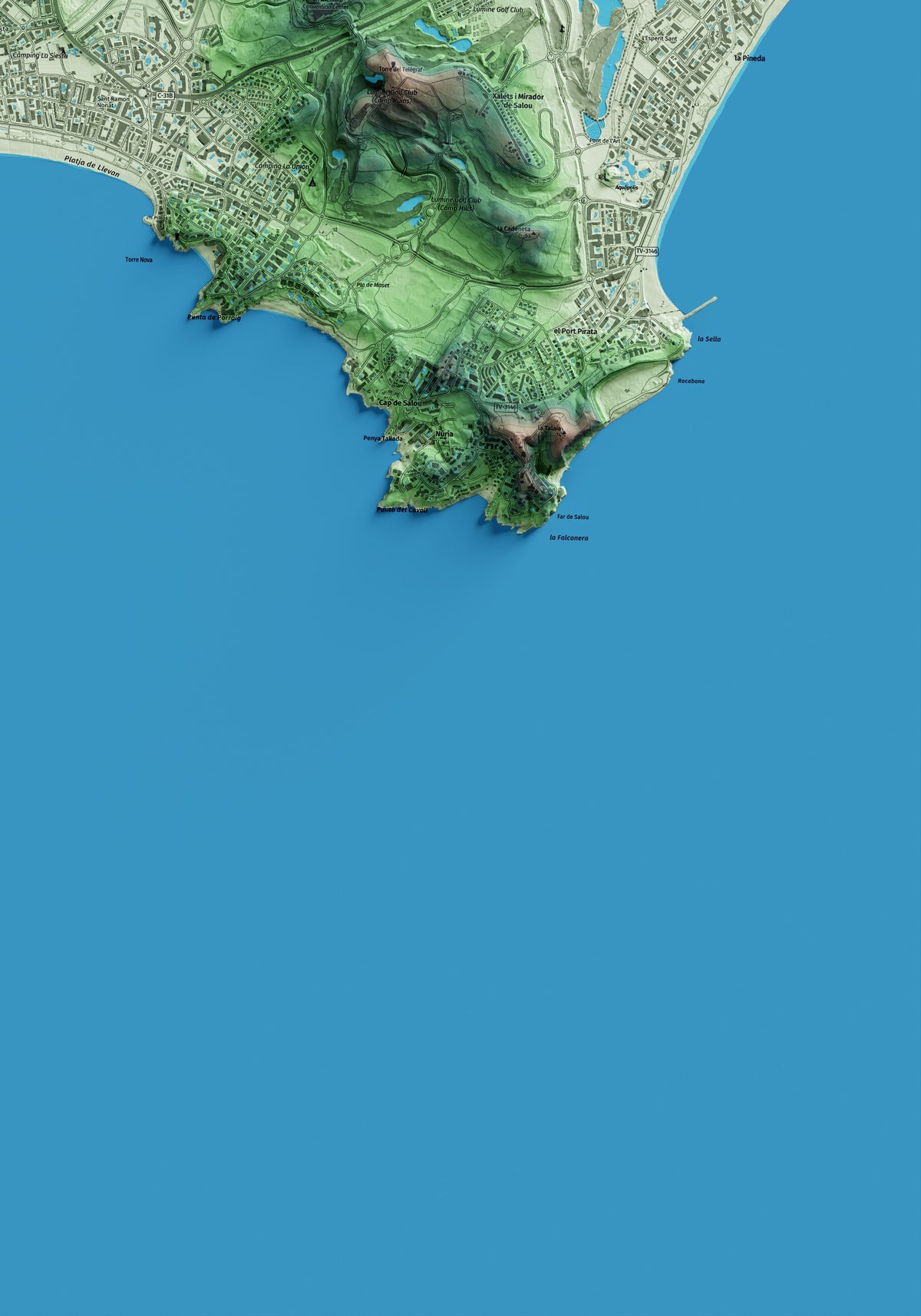 Mapa artístico del relieve de Salou, al Tarragonès, con 15 km de entorno y base topográfica ICGC. Detalle de la zona inferior derecha.