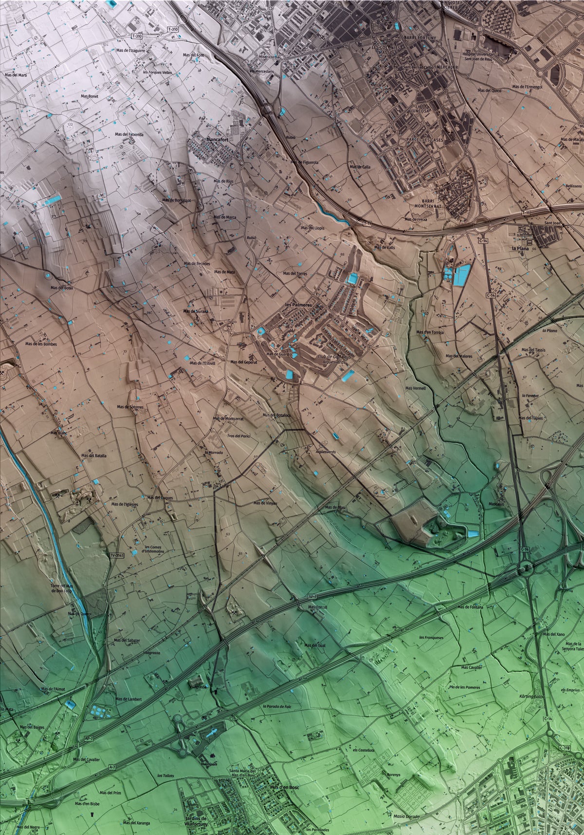 Mapa artístico del relieve de Salou, al Tarragonès, con 15 km de entorno y base topográfica ICGC. Detalle de la zona superior izquierda.
