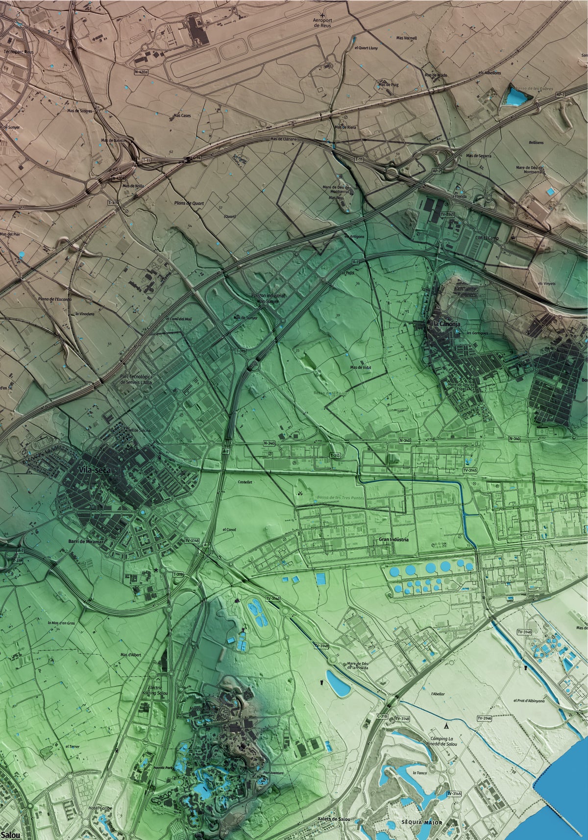 Mapa artístico del relieve de Salou, al Tarragonès, con 15 km de entorno y base topográfica ICGC. Detalle de la zona superior derecha.