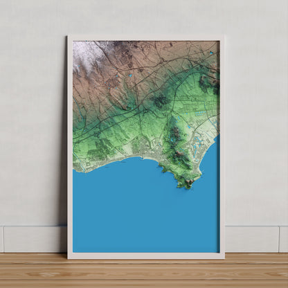 Mapa artístico del relieve de Salou, al Tarragonès, con 15 km de entorno y base topográfica ICGC. Presentación enmarcada.