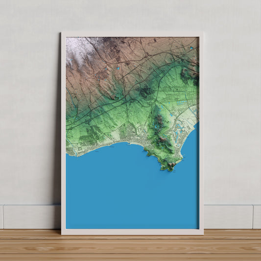 Mapa artístico del relieve de Salou, al Tarragonès, con 15 km de entorno y base topográfica ICGC. Presentación enmarcada.
