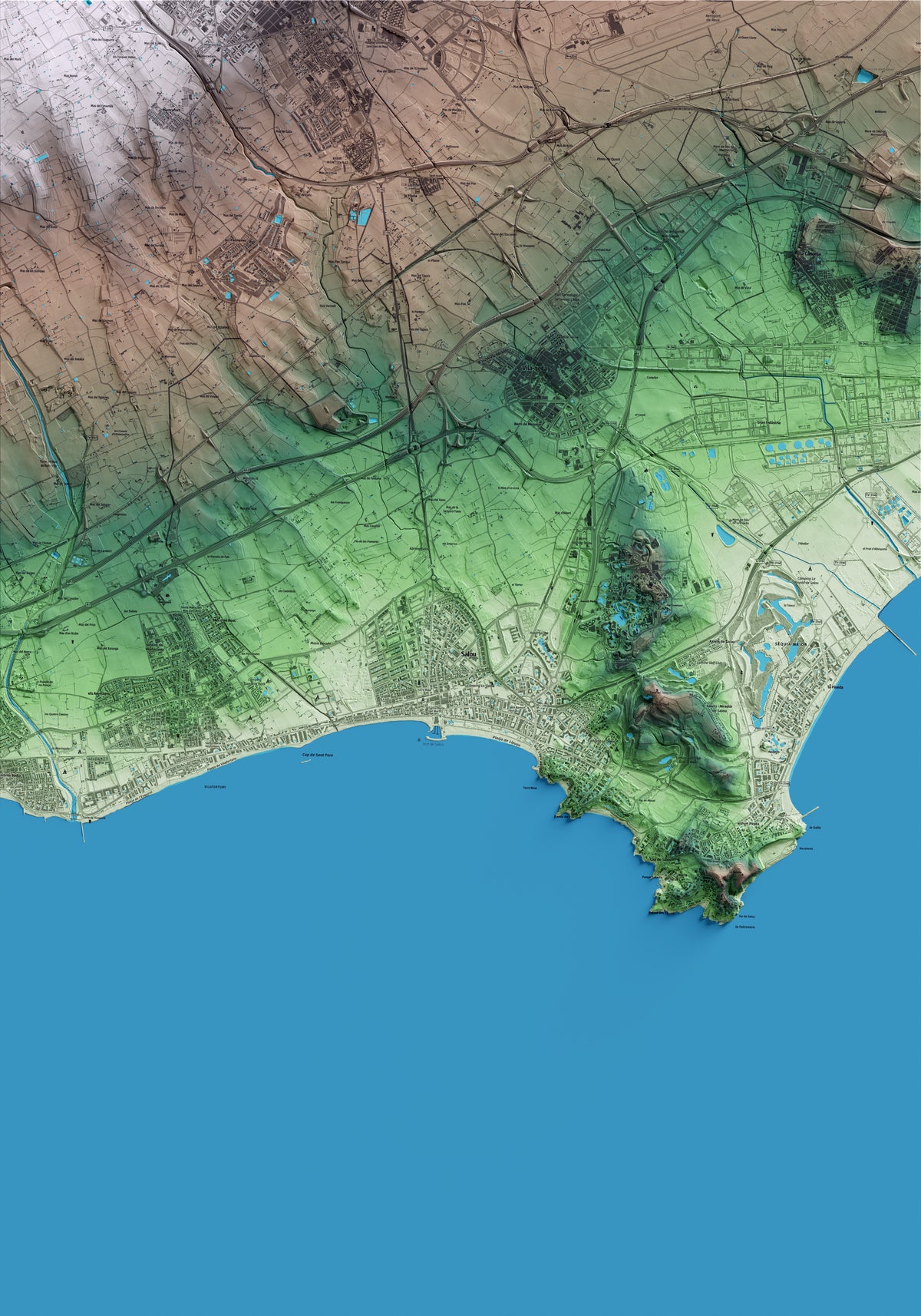 Mapa artístico del relieve de Salou, al Tarragonès, con 15 km de entorno y base topográfica ICGC