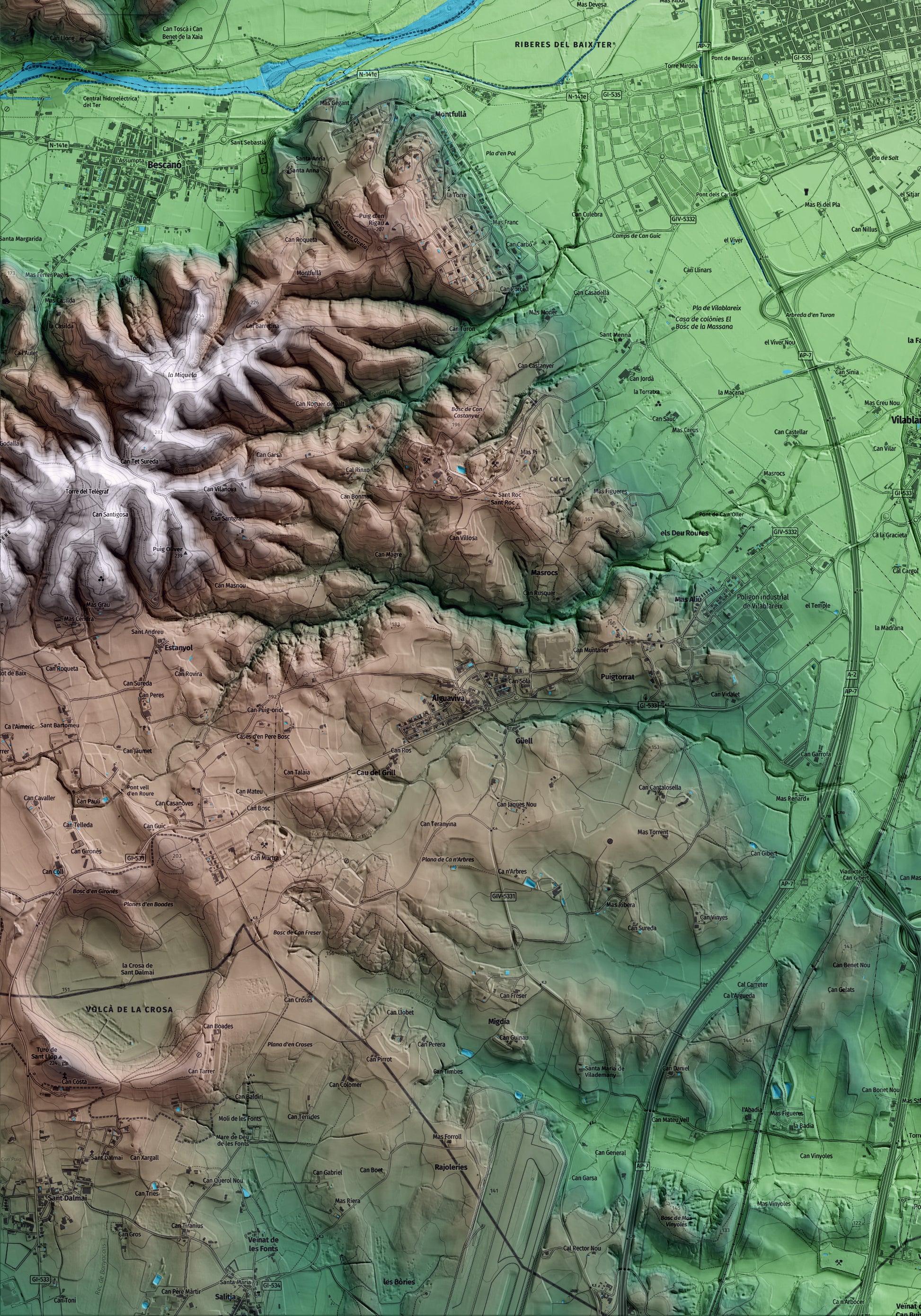 Mapa artístico del relieve de Salt, al Gironès, con 15 km de entorno y base topográfica ICGC. Detalle de la zona inferior izquierda.