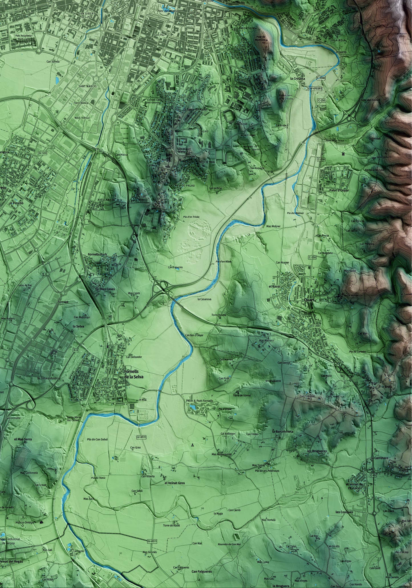 Mapa artístico del relieve de Salt, al Gironès, con 15 km de entorno y base topográfica ICGC. Detalle de la zona inferior derecha.