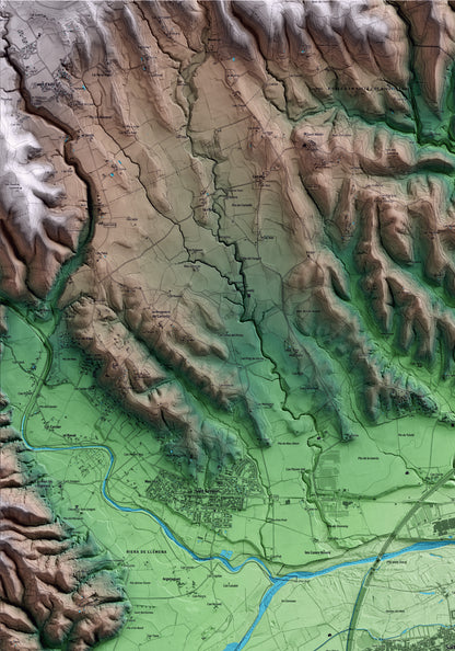 Mapa artístico del relieve de Salt, al Gironès, con 15 km de entorno y base topográfica ICGC. Detalle de la zona superior izquierda.