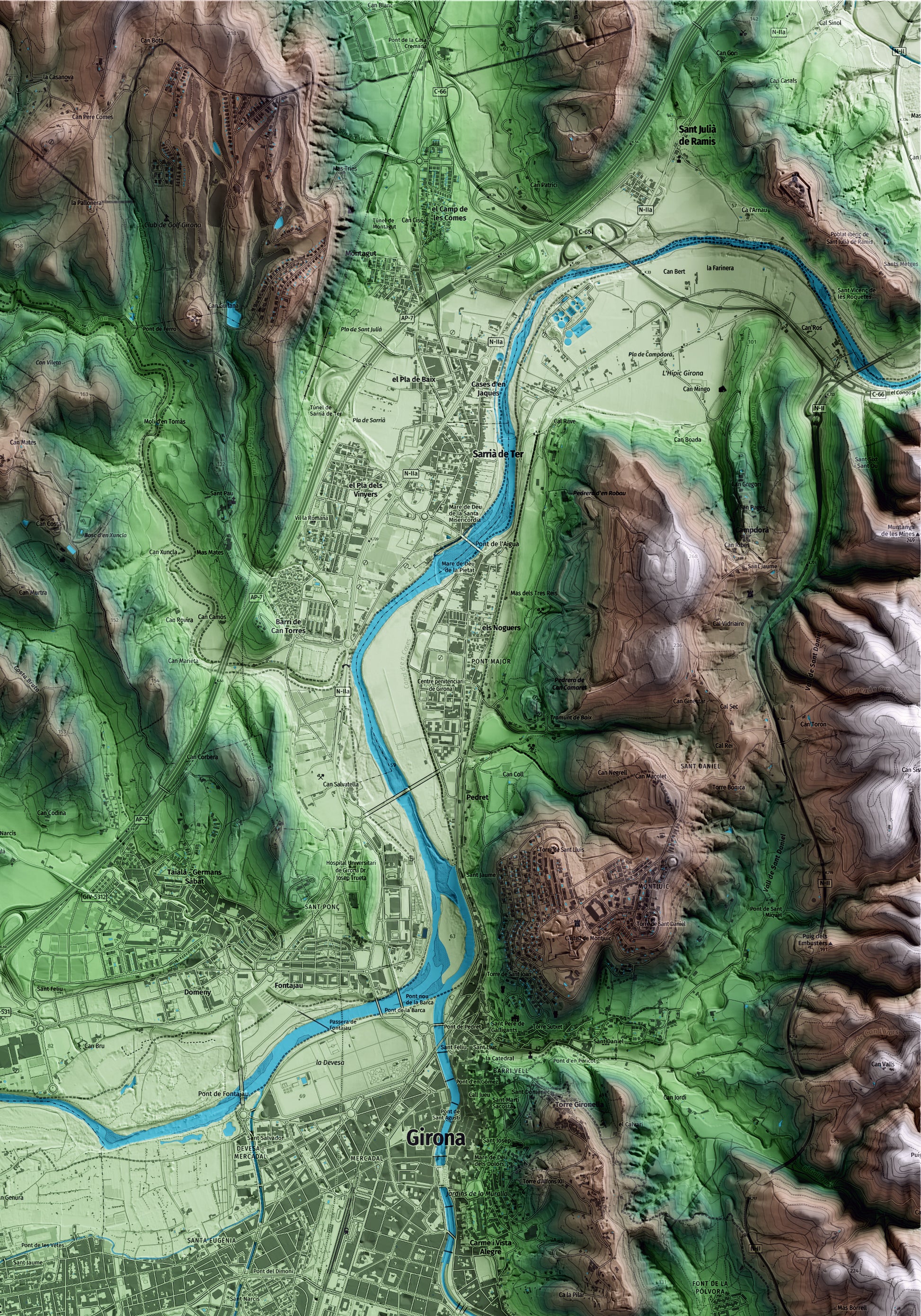 Mapa artístico del relieve de Salt, al Gironès, con 15 km de entorno y base topográfica ICGC. Detalle de la zona superior derecha.