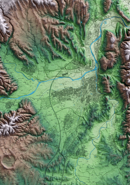 Mapa artístico del relieve de Salt, al Gironès, con 15 km de entorno y base topográfica ICGC