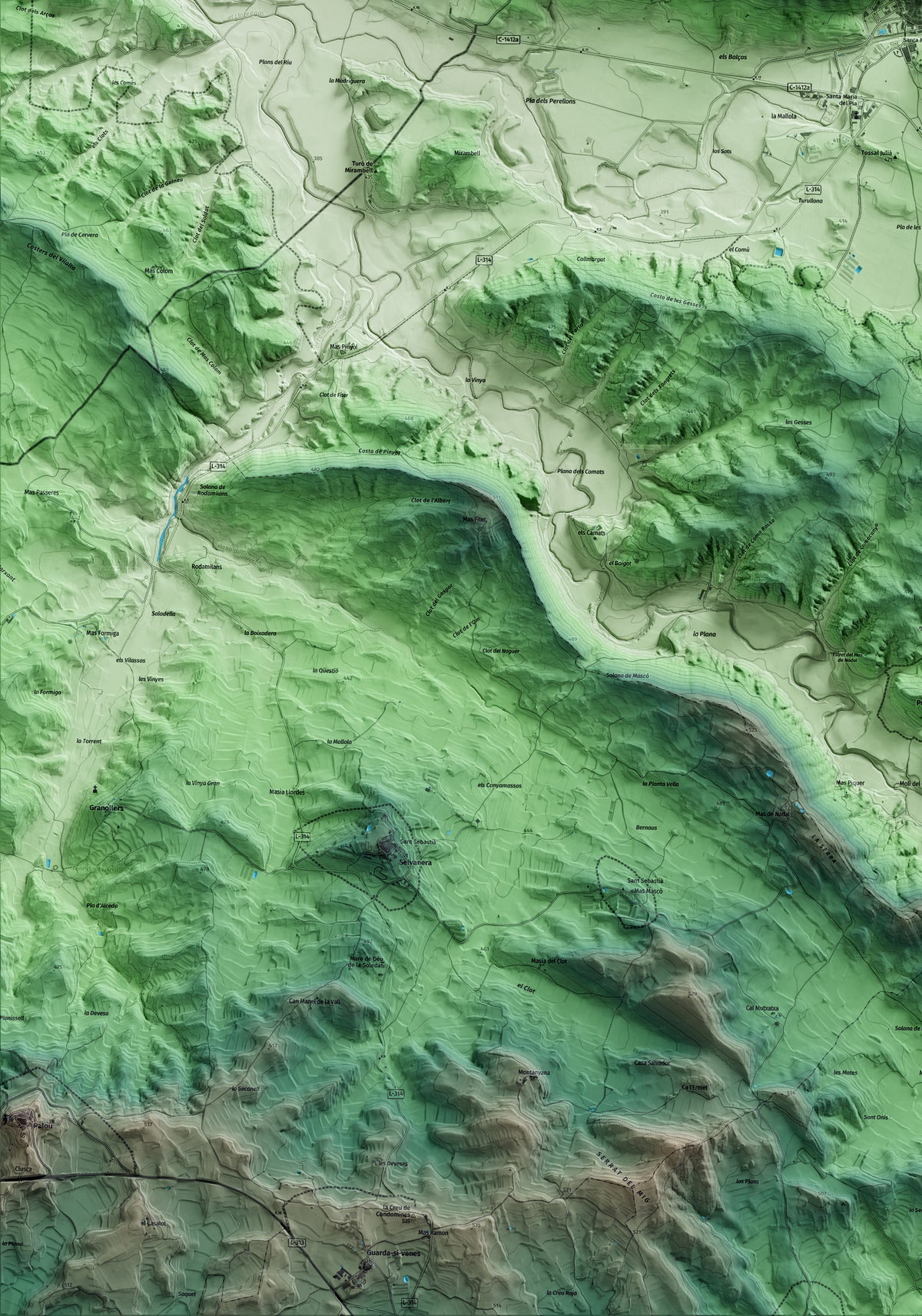 Mapa artístico del relieve de Sanaüja, a la Segarra, con 15 km de entorno y base topográfica ICGC. Detalle de la zona inferior izquierda.