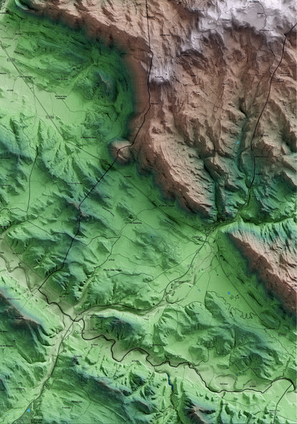 Mapa artístico del relieve de Sanaüja, a la Segarra, con 15 km de entorno y base topográfica ICGC. Detalle de la zona inferior derecha.