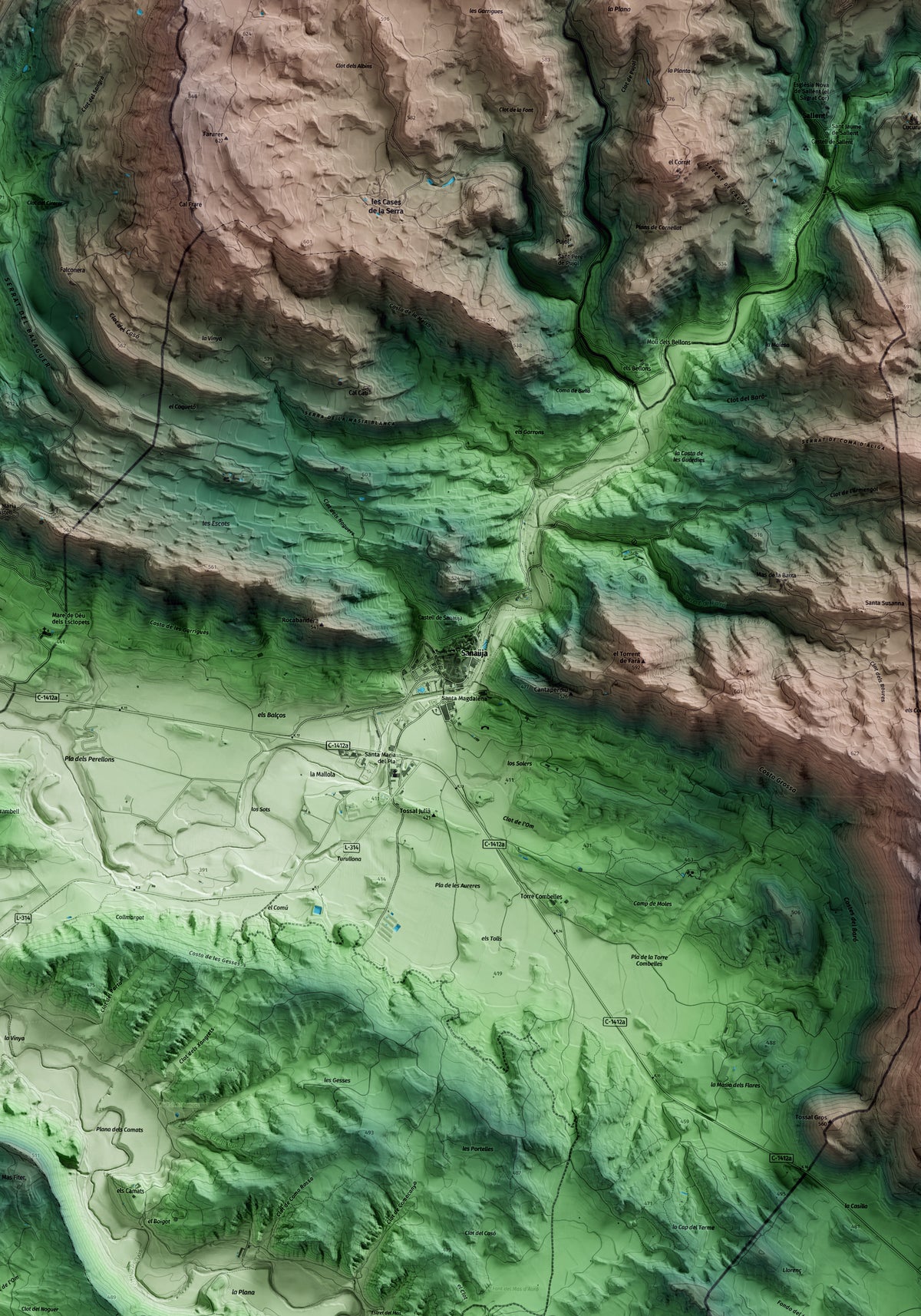 Mapa artístico del relieve de Sanaüja, a la Segarra, con 15 km de entorno y base topográfica ICGC. Detalle de la zona central.
