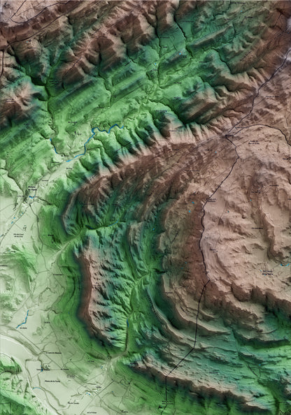 Mapa artístico del relieve de Sanaüja, a la Segarra, con 15 km de entorno y base topográfica ICGC. Detalle de la zona superior izquierda.